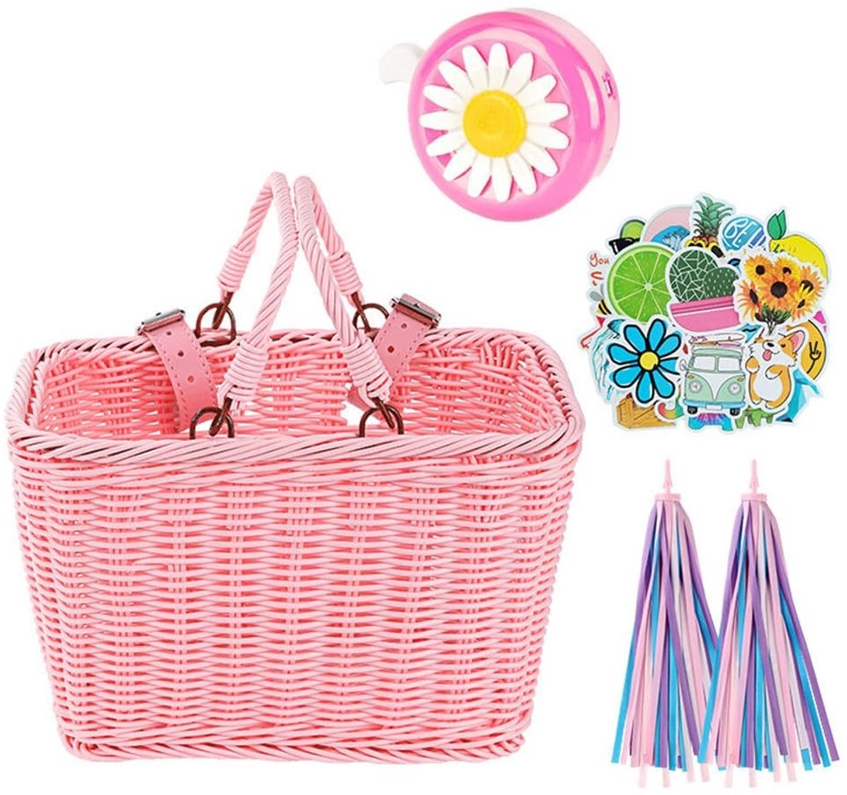 Omgoods - Handgeweven Fietmand Set met Lederen Handvatten en Accessoires