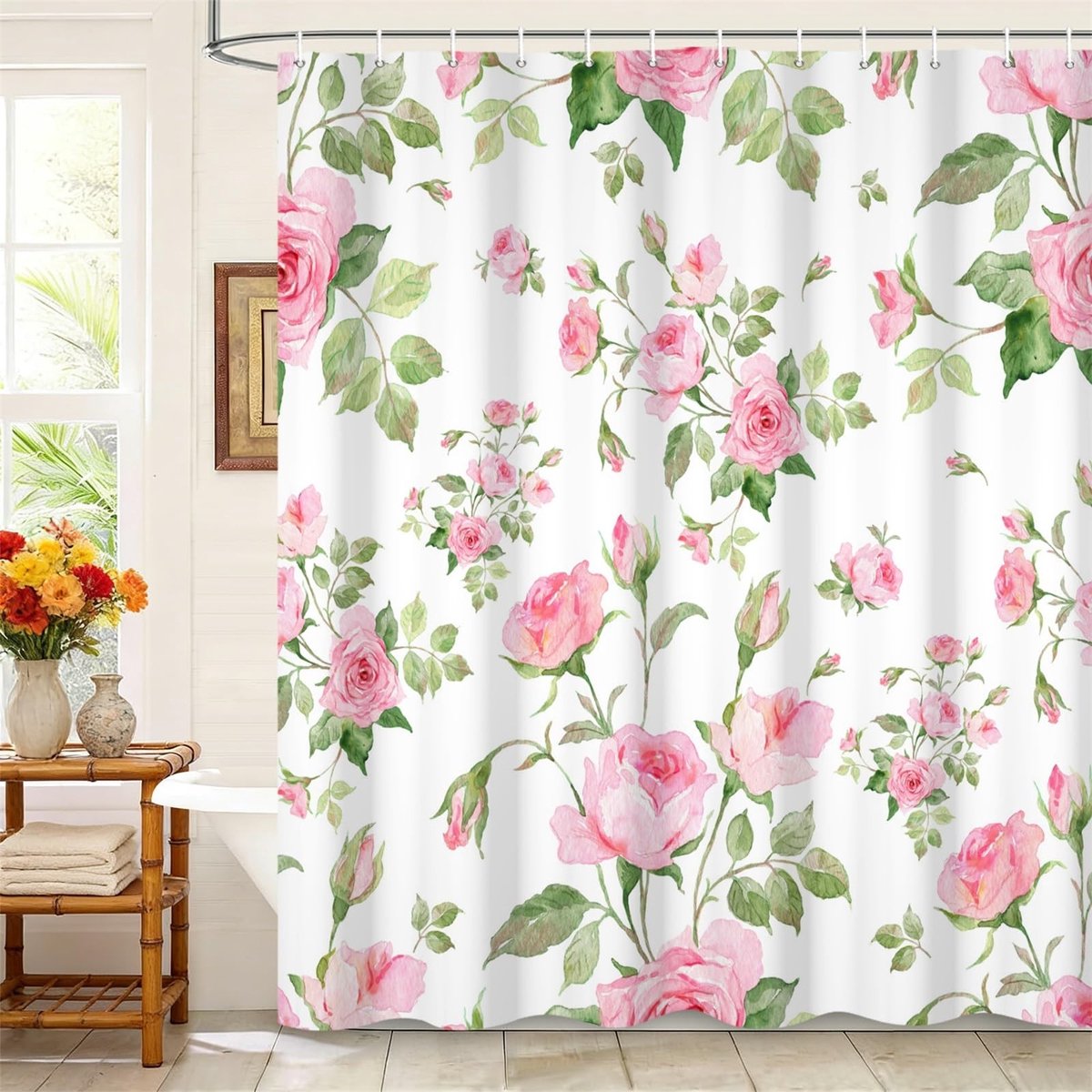 Omgoods - 105x160cm Waterdichte Douchgordijn met Bloemenprint - Inclusief Plastic Haken