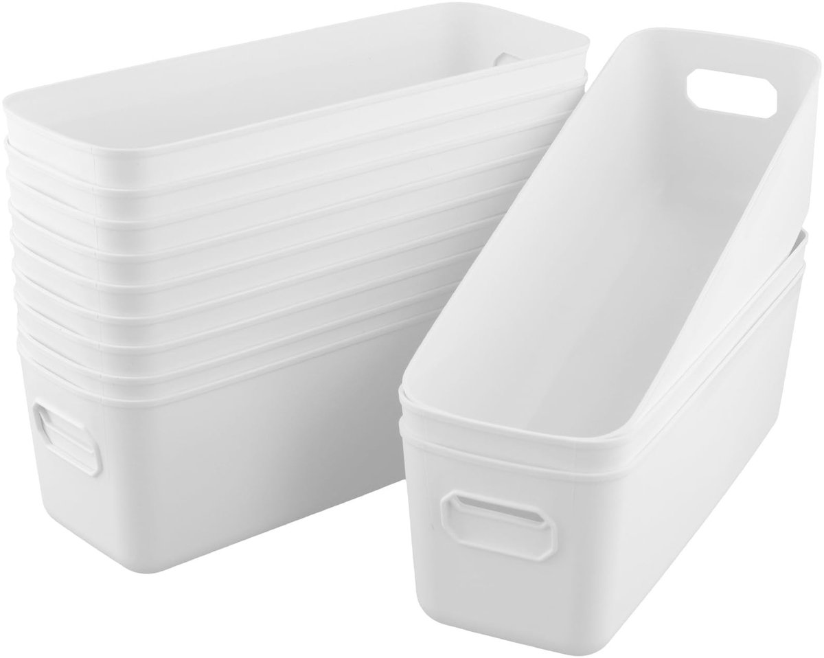 Omgoods - Set van 15 Smalle Plastic Opslagmanden voor Keuken en Badkamer, 28 x 10 x 9.5cm