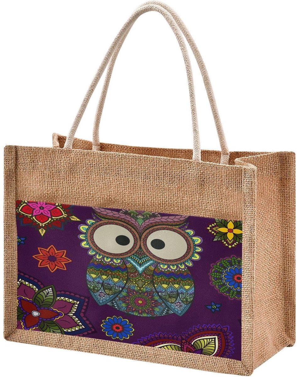Omgoods - Jute Tote Bag met Uil en Mandala Design 25x25x18cm