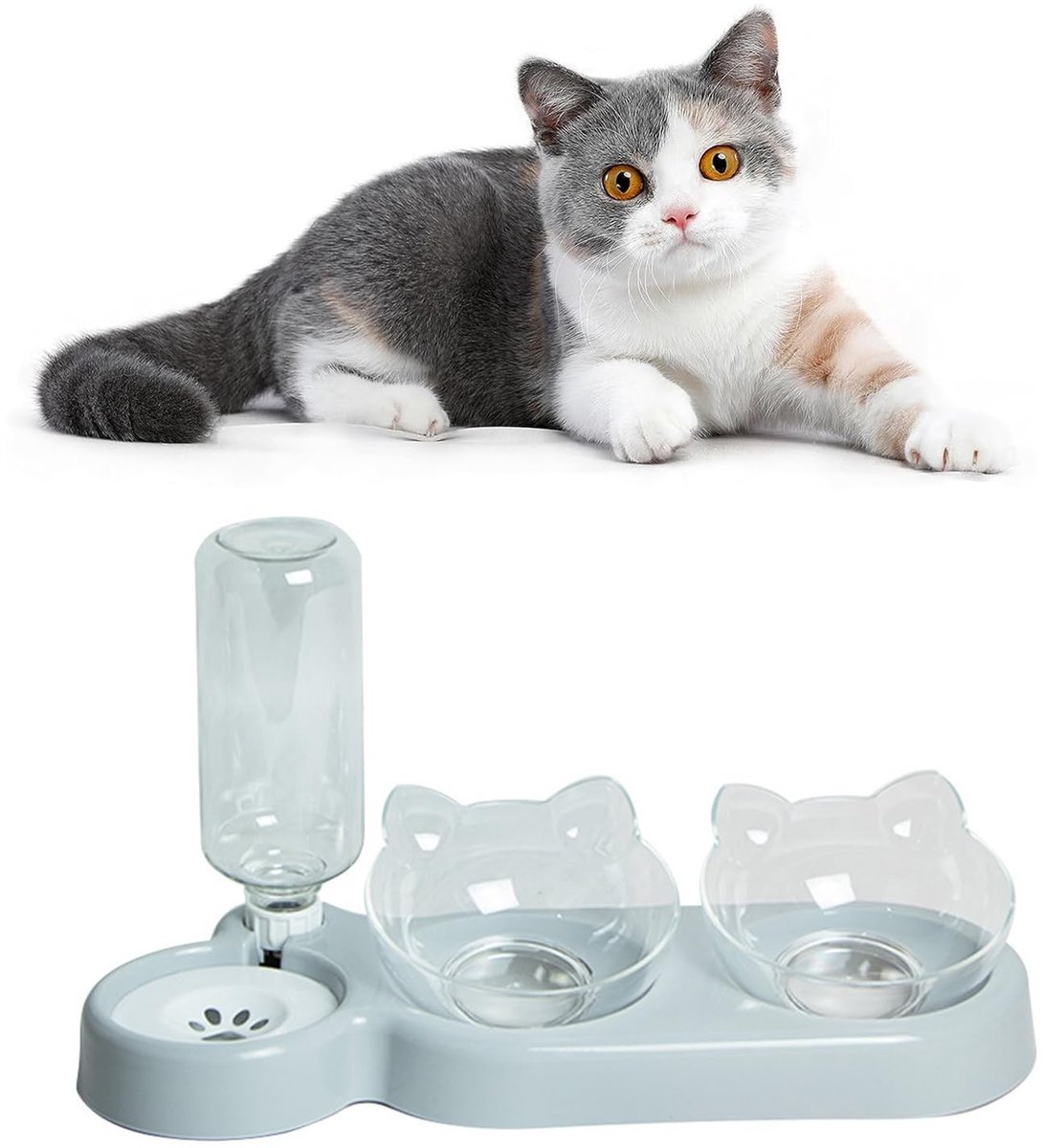 Omgoods - 3-in-1 Kattenvoer- en Waterbak met Hoekige Ontwerpen
