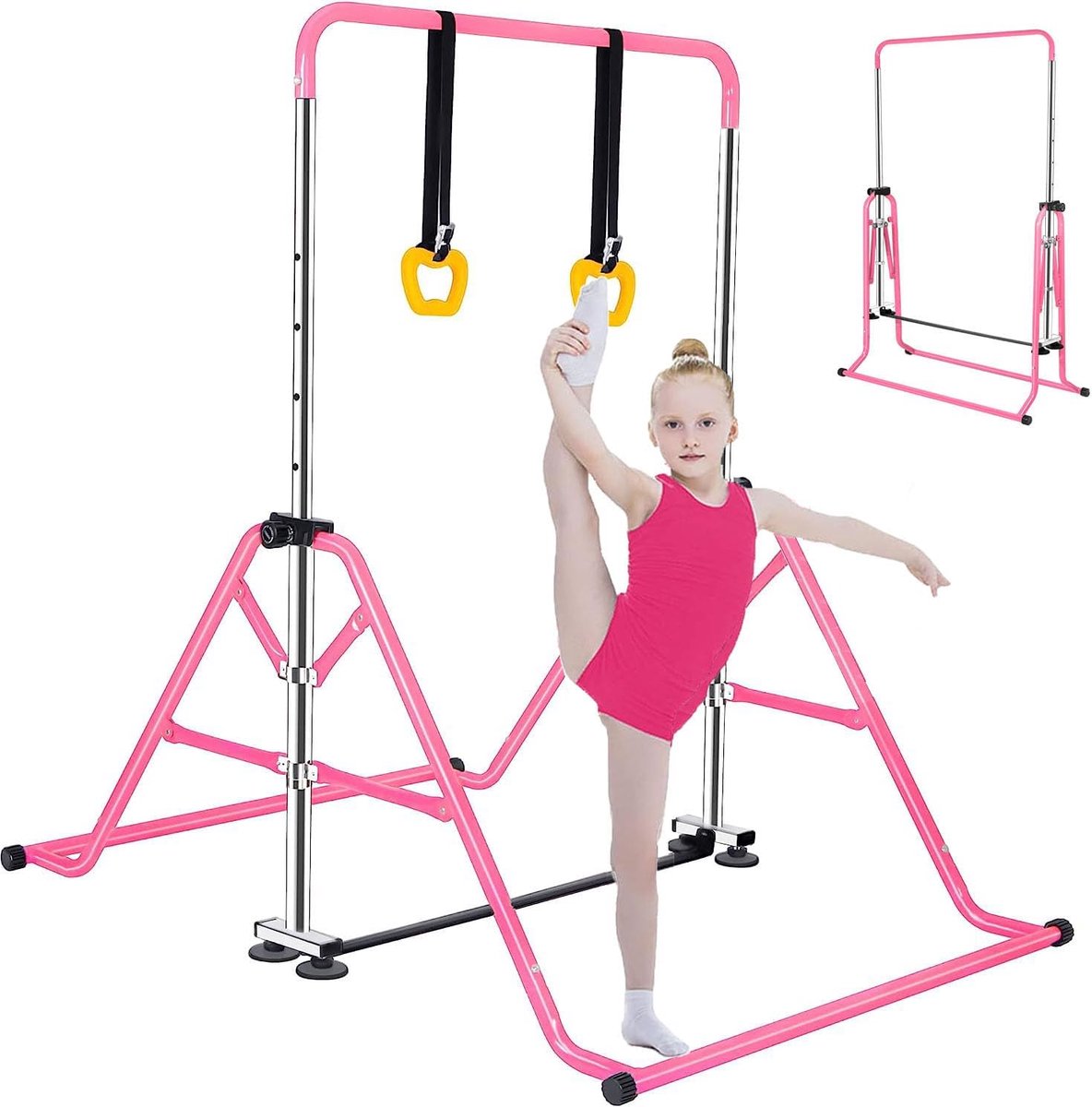 SnelShoppen - Kids Gymnastiek Bar, Verstelbare Telescopische Hoogte, Vouwbare Horizontale Bar met Gymnastiek Ringen voor Kinderen van 3-12 Jaar, Duurz