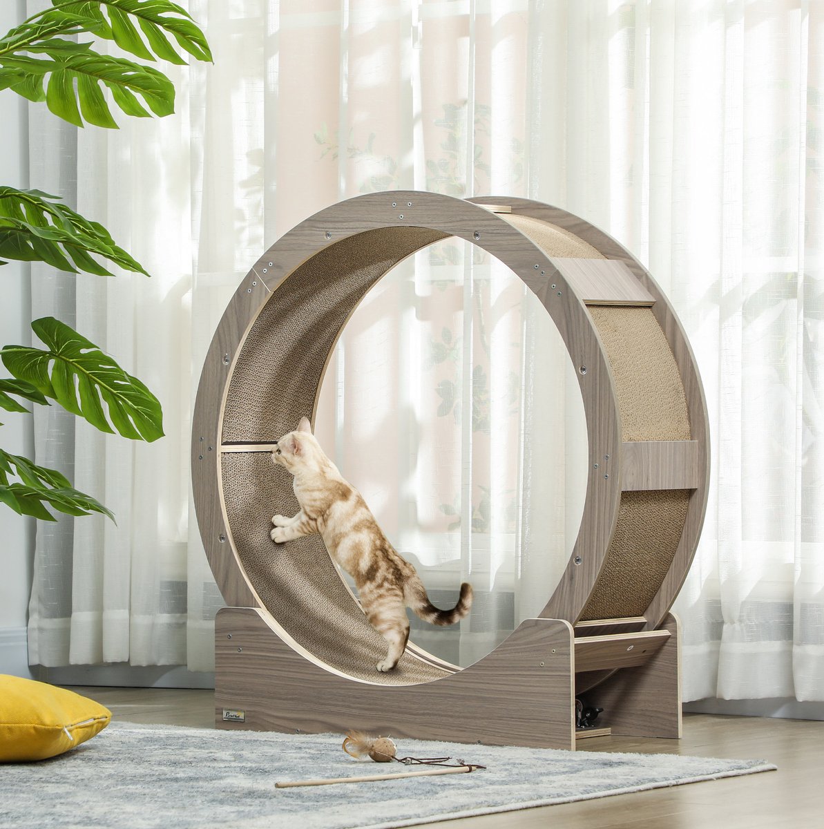 COVREO Kattenlooprad 91 x 33,5 x 94 cm walnoot, van hout met rem