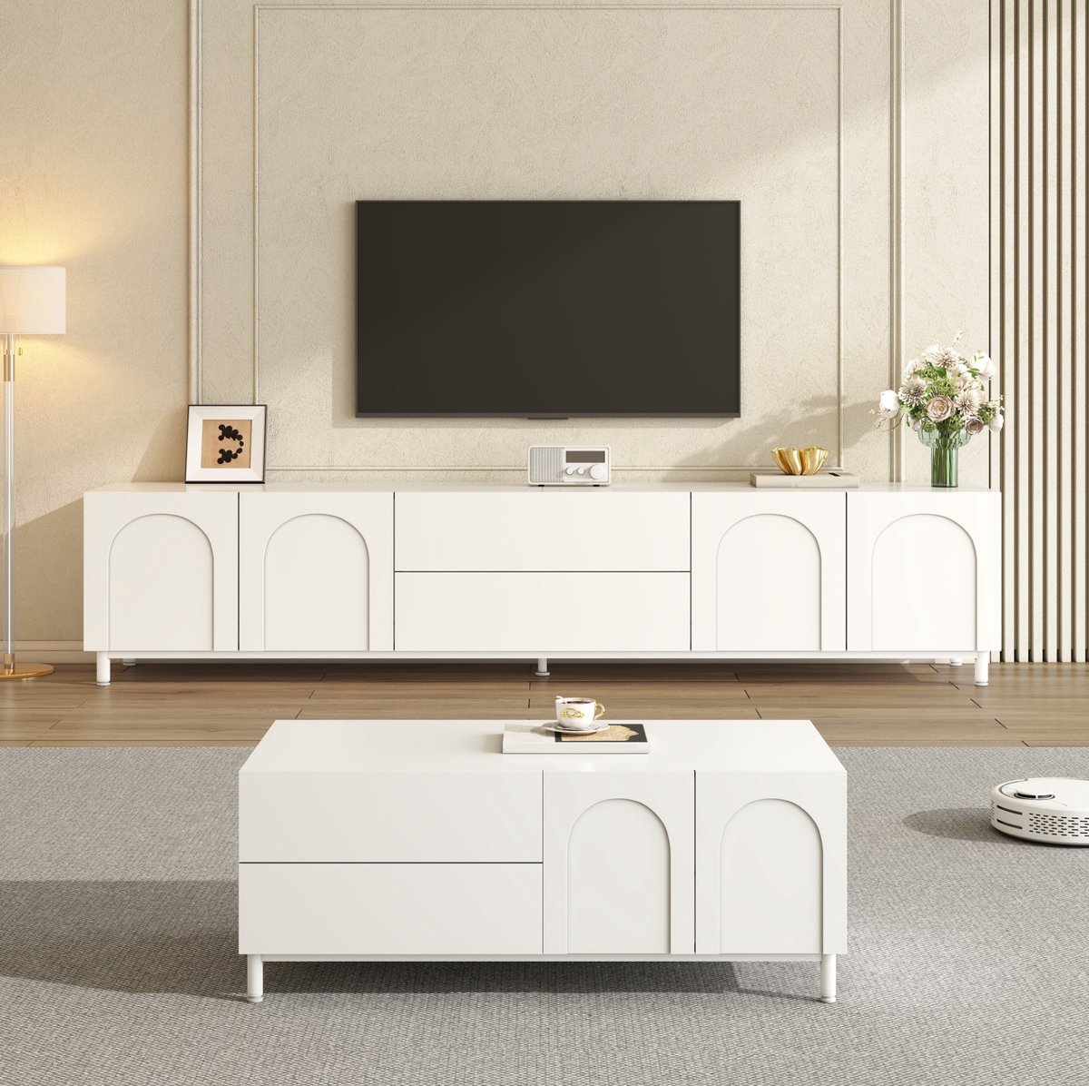 FloraGrace Tv Meubel Set Met Salontafel En Boogvormige Deuren Voor Woonkamer Wit Spaanplaat En MDF 180x40x48 Cm