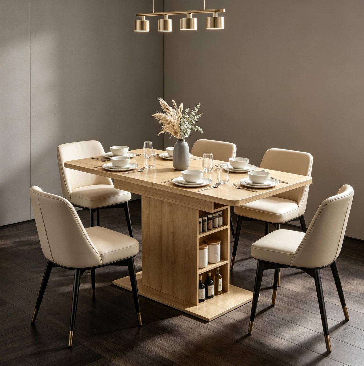 FloraGrace Eettafel - Uitschuifbare Rechthoekige Tafel Met 6 Open Opbergvakken - Voor Keuken En Eethoek - MDF - 110-130x70x75 Cm - Naturel