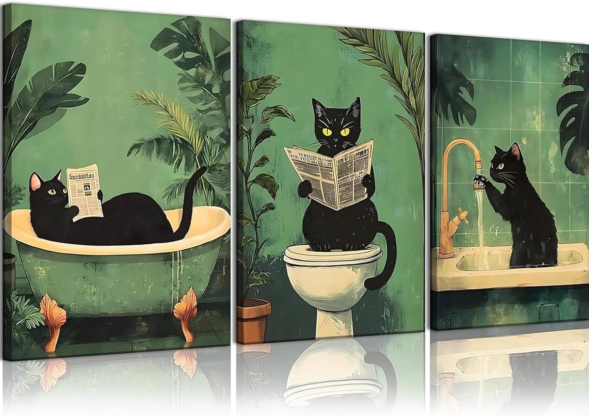 SnelShoppen - 3 Stuks Badkamer Posters, Grappige Kat Foto's voor Toilet, Retro Wanddecoratie 30 x 40 cm, Dierlijke Beelden voor Badkamer