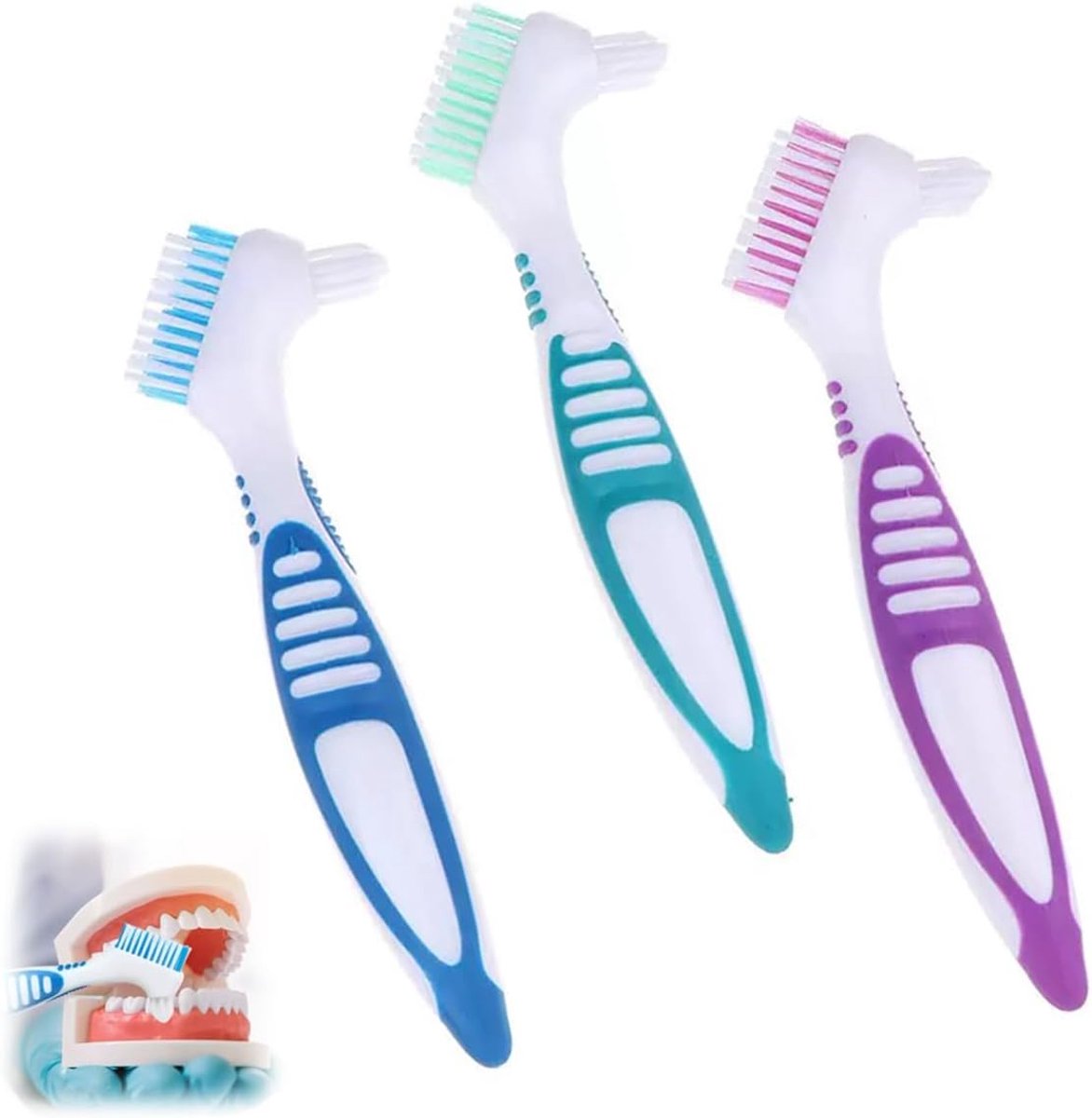 SnelShoppen - 3 Pack Protheseborstels, 3 Kleuren, Hoge Kwaliteit Dentuur Reinigingsborstel, Dubbelzijdige Tandenborstel met Multi-laags Borstels en An