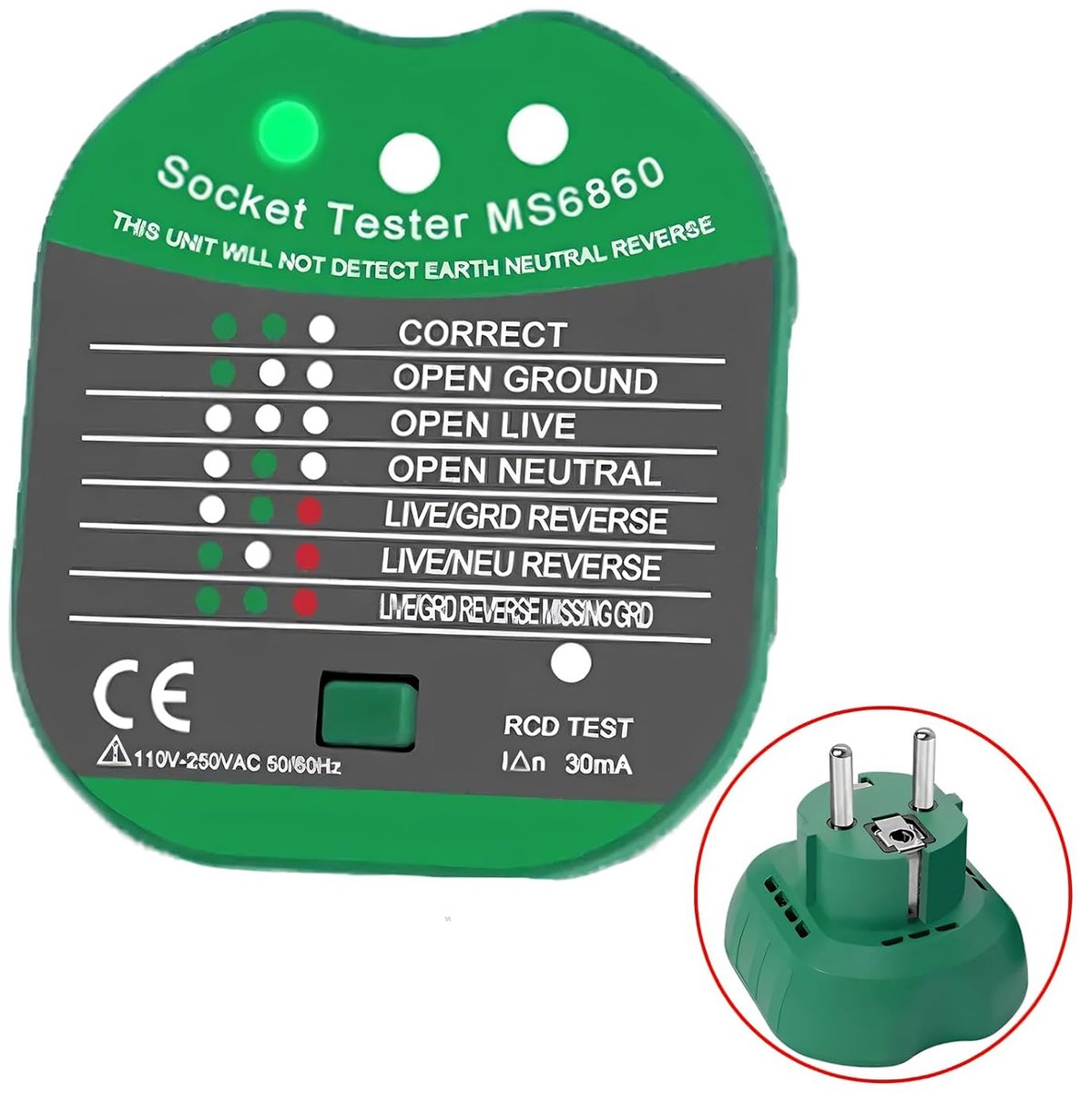 Socket Tester, Power Line Finder, Fuse Finder, Installation Tester, 7 Types of Fault Diagnosis, 90-250V/45-65Hz, CAT - ShopVlot