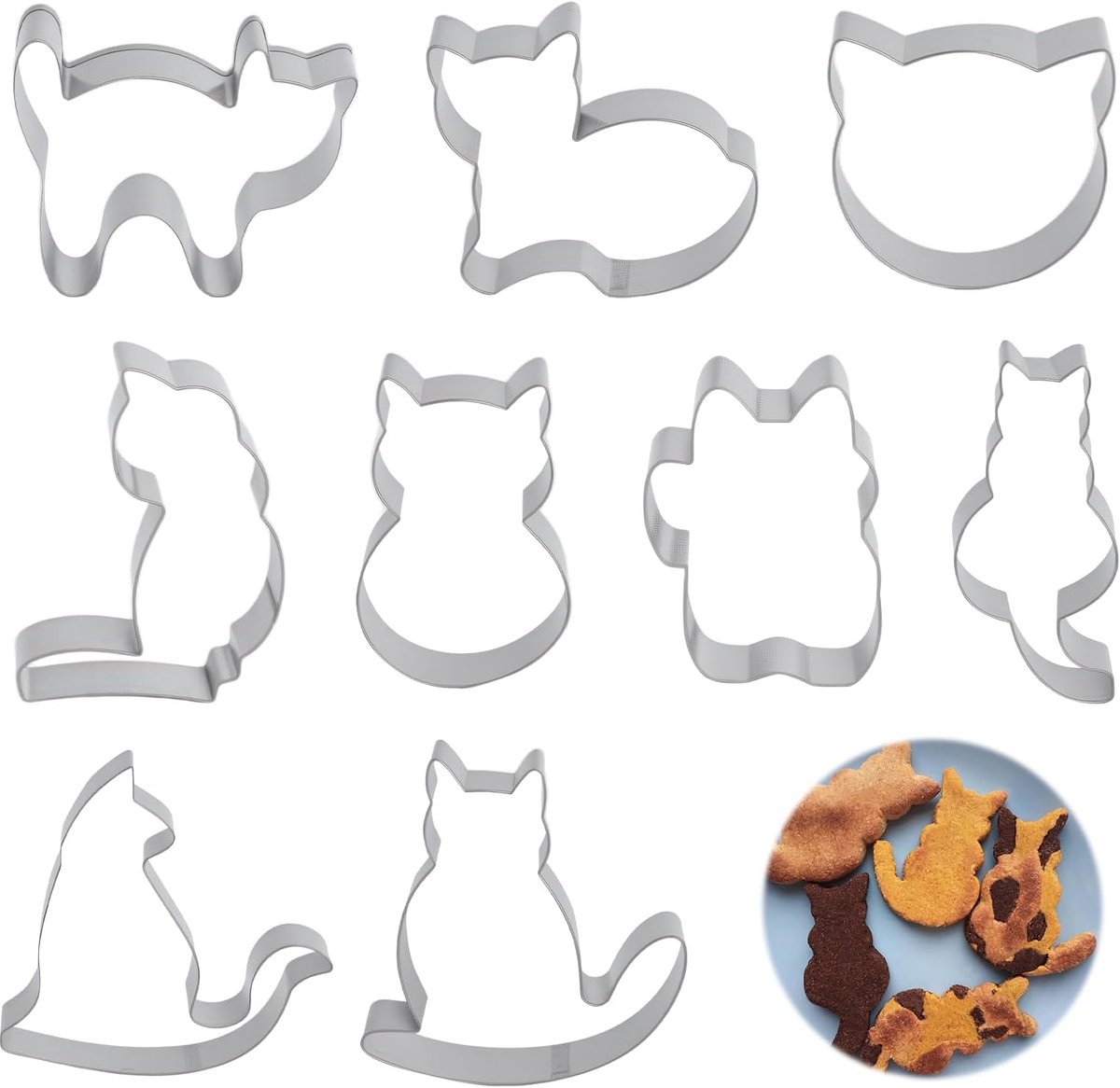 SnelShoppen - 9 Kat Koekjesuitsteekvormen Set RVS, 2cm Diepte, 1mm Dikte, 9 Verschillende Katvormen voor Koekjes, Fondant, Bakken en DIY Decoratie