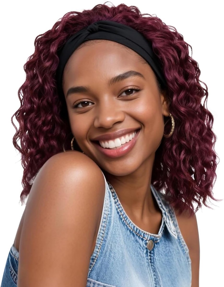 QUEENTAS Wine Red Deep Wavy Headband 14 Inch Deep Wavy Synthetic Headband Wig for Women Glueless Lightweight Natural - ShopVlot