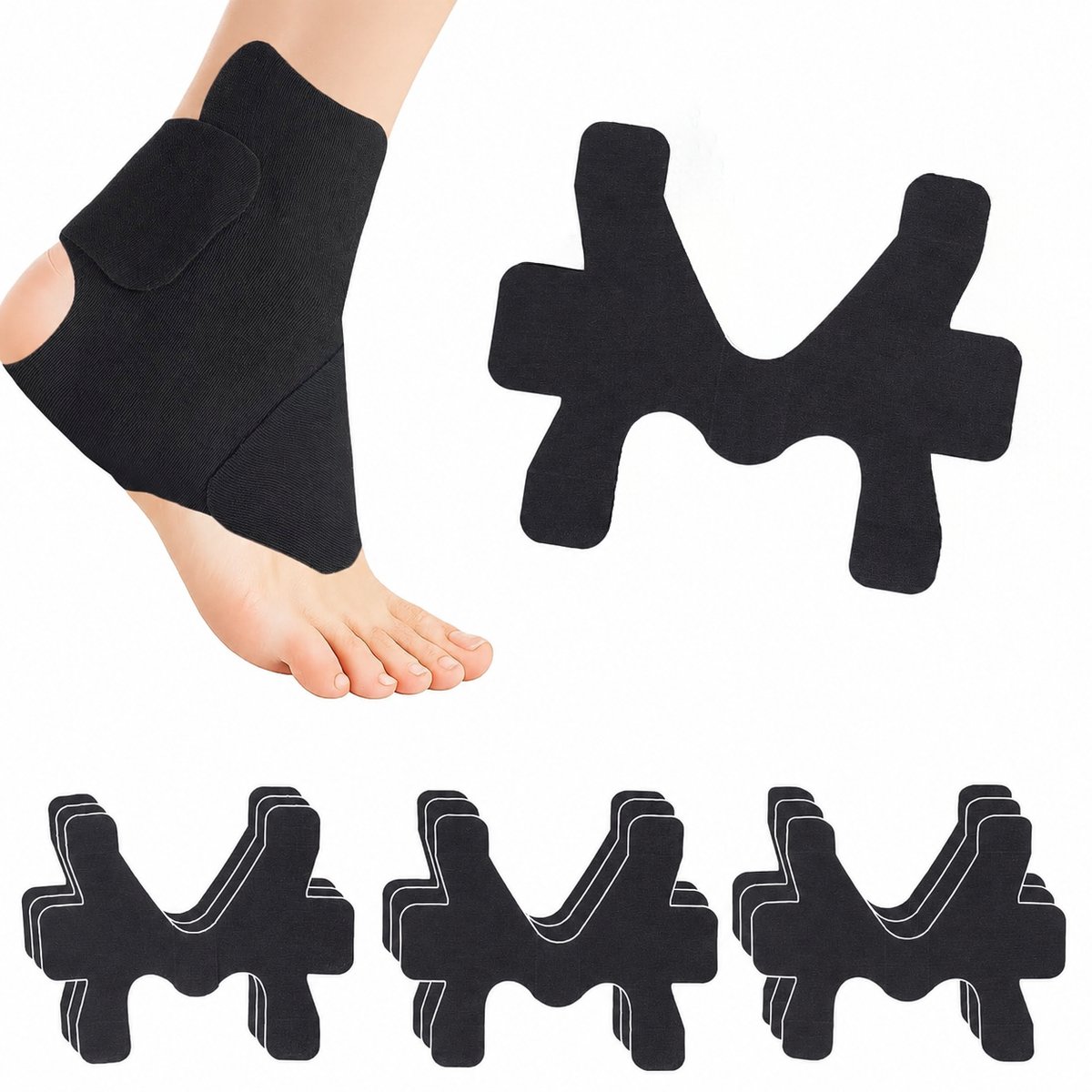 BOTC Kinesiotape Enkel - Zwart - 10 Stuks - Voorgesneden Enkeltape - Elastische Sporttape van Katoen - Voor Ondersteuning en Stabiliteit - Zwart
