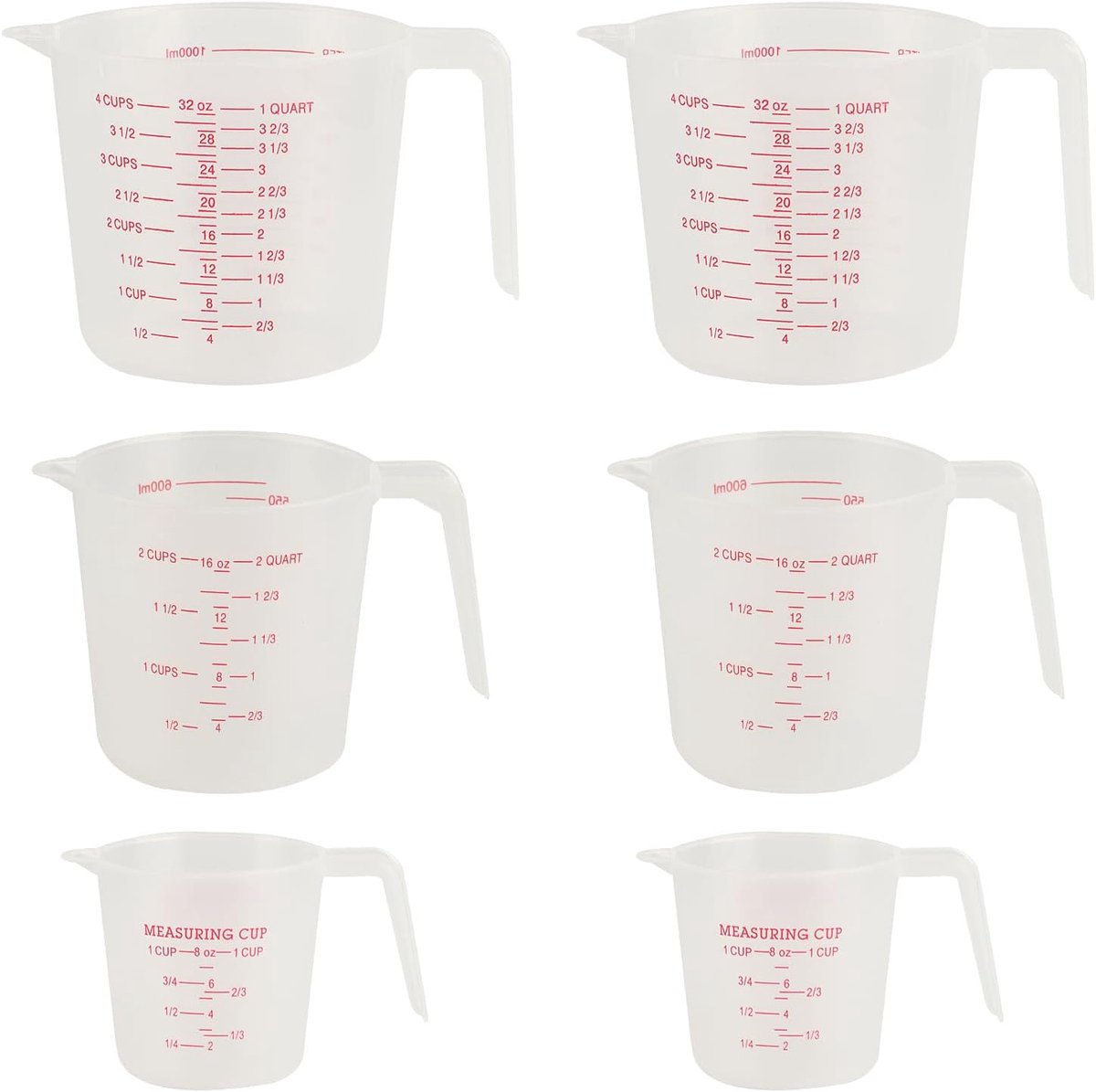 Meetbekers set van 6 - Kunststof 1L, 500ml en 250ml - Temperatuurbestendig - Ideaal voor lab en keuken - ShopVlot