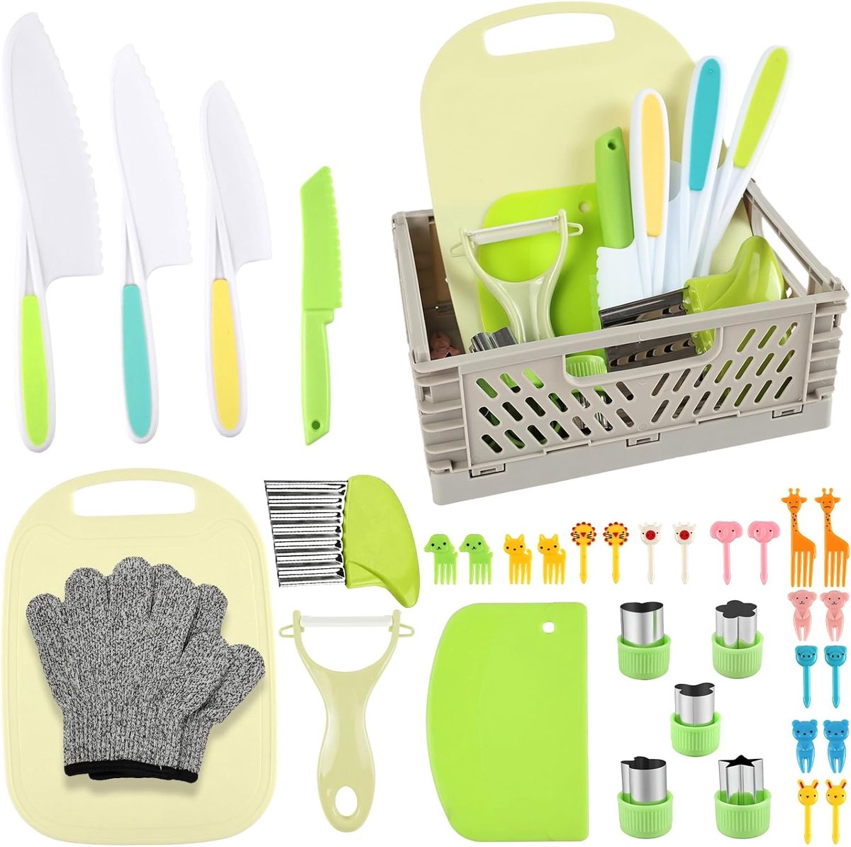 SnelShoppen - 35-delige Kookset voor Kinderen - Groen - Veilig Kinder Keukenmessen Set met Plastic Messen en Snijders - Ideaal voor Leren Koken en Cre