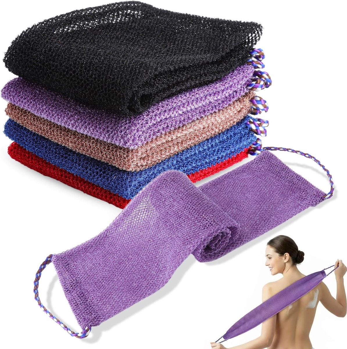 SnelShoppen - Set van 5 Afrikaanse Net Spons, Lange Douche Spons van Nylon, Peeling Lichaamsreiniger, Wasbaar en Herbruikbaar, Rugwaskoord voor Mannen