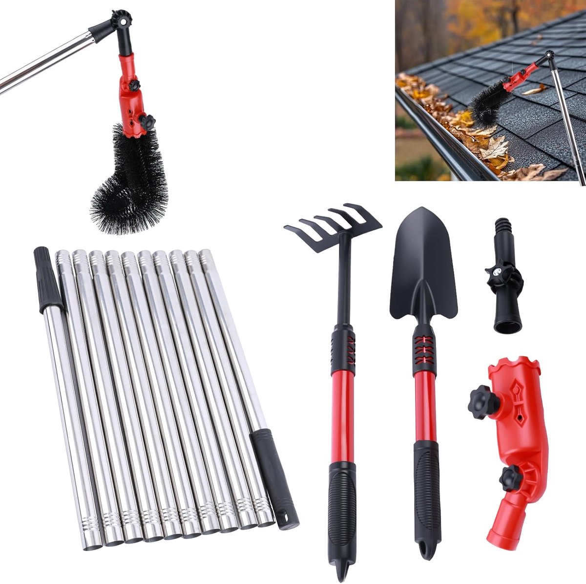 SnelShoppen - 4m Telescopische Gootreiniger met Hark, Schep en Gootborstel | 180° draaibare kop, ideaal voor bladeren en vuil, geen ladder nodig, perf