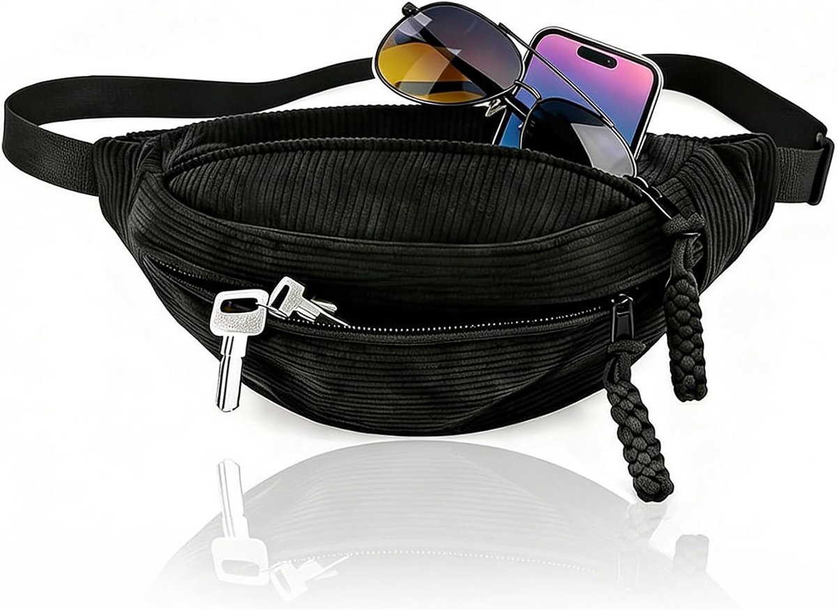 SnelShoppen - Corduroy Heuptas Zwart - Ruime Taille Bag voor Vrouwen - Compacte Schoudertas voor Mobiele Telefoon, Portemonnee en Meer - Ideaal voor F