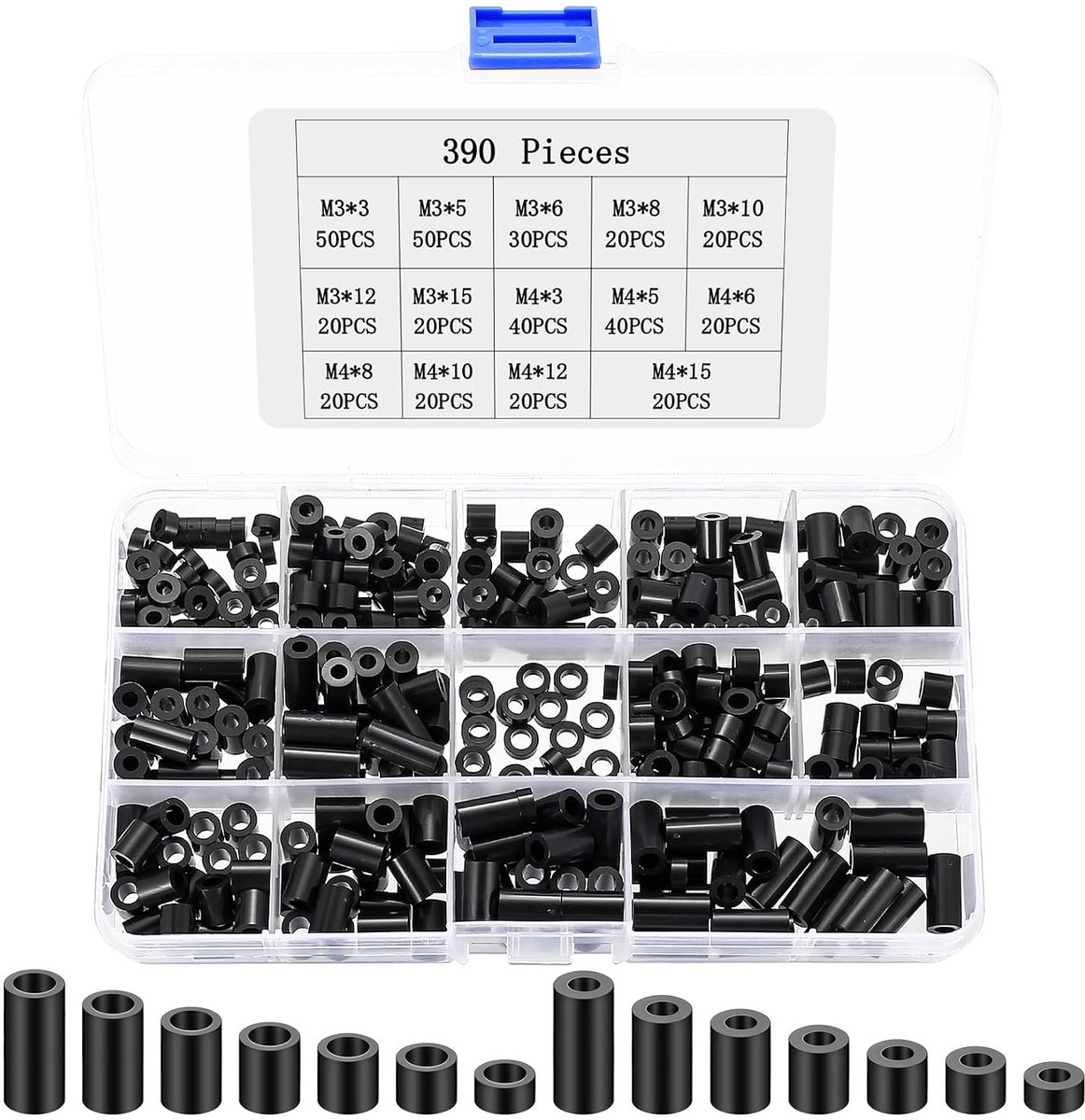 SnelShoppen - 390 Stuks ABS Standoffs Plastic Rond Zwart, M3 M4 Nylon Spacers, Geïsoleerde Plastic Washers, Draadstijlen, Lichtgewicht en Duurzaam