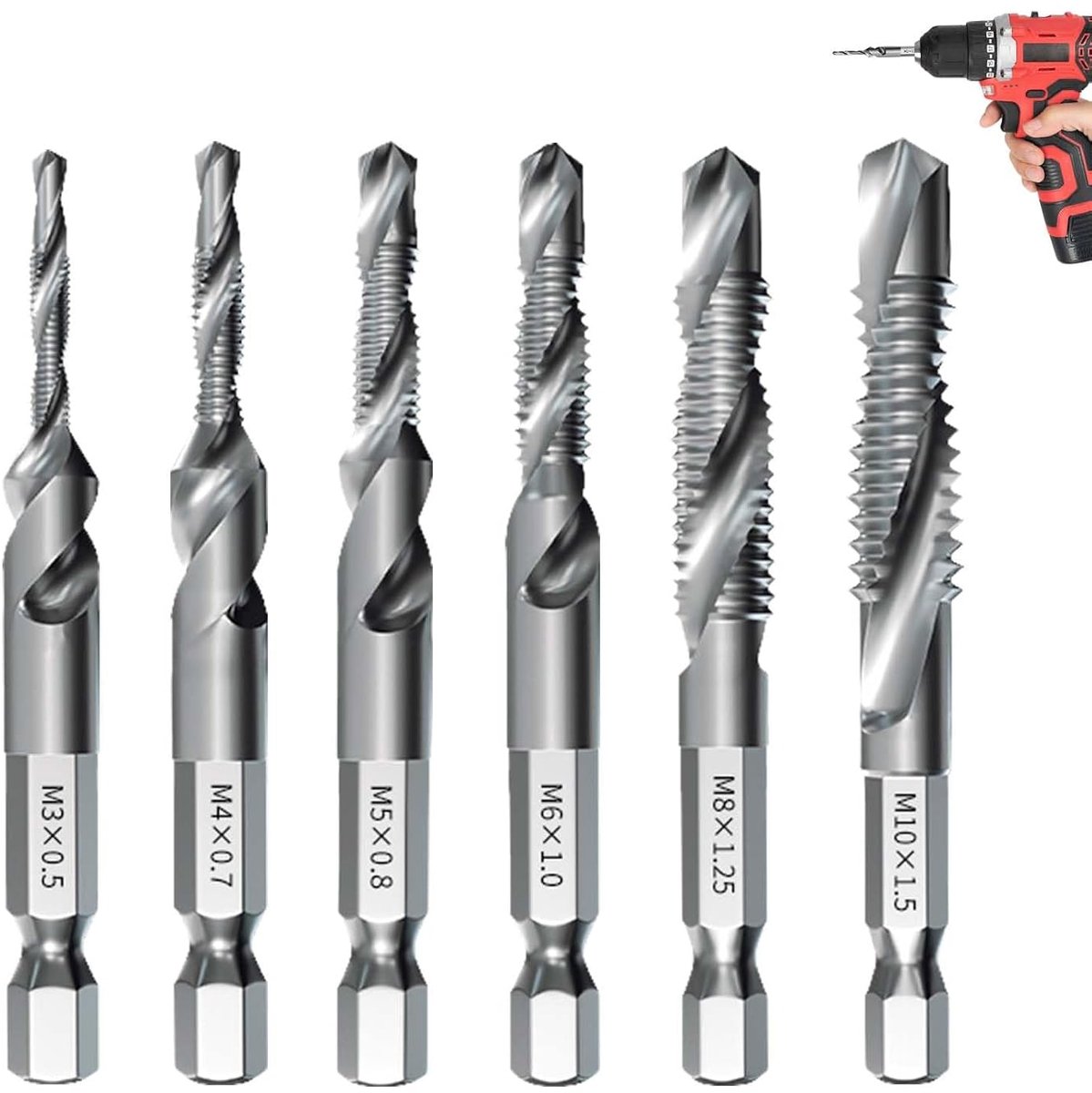 Pack of 6 Combi Thread Cutting Bit M3 M4 M5 M6 M8 M10 Spiral Thread Drill with Rust Resistant Coating Thread Cutting - ShopVlot