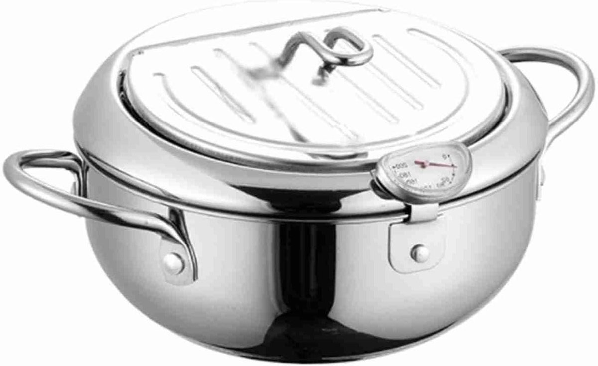 Japanse Tempura Frituurpan - Frituurmand met Thermometer - Thuis Frituren - Met Oliefiltratie - 20 cm - Zilver