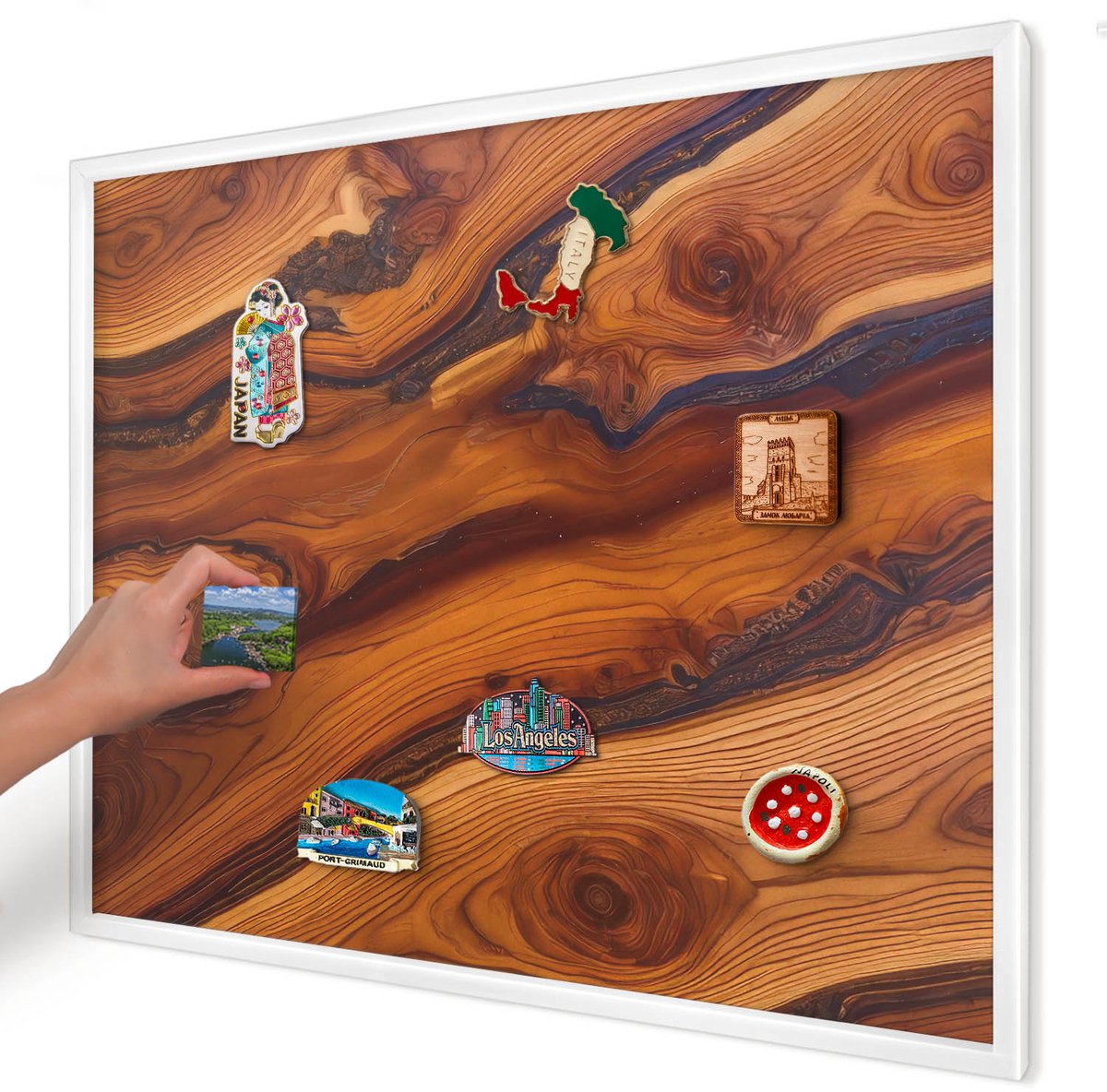 Artprintcave Bruin Magneetbord mit Witte Lijst - 80x60 cm - Houten Ringen Magneet Bord mit Frame - Rustiek Magneetbord Voor Keuken - Texturen