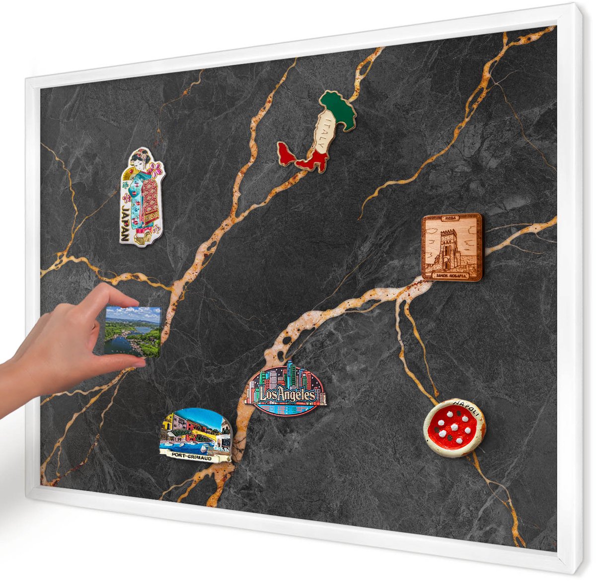 Artprintcave Zwart Magneetbord mit Witte Lijst - 70x50 cm - Marmeren Linten Magneet Bord mit Frame - Abstract Memobord Keuken - Texturen