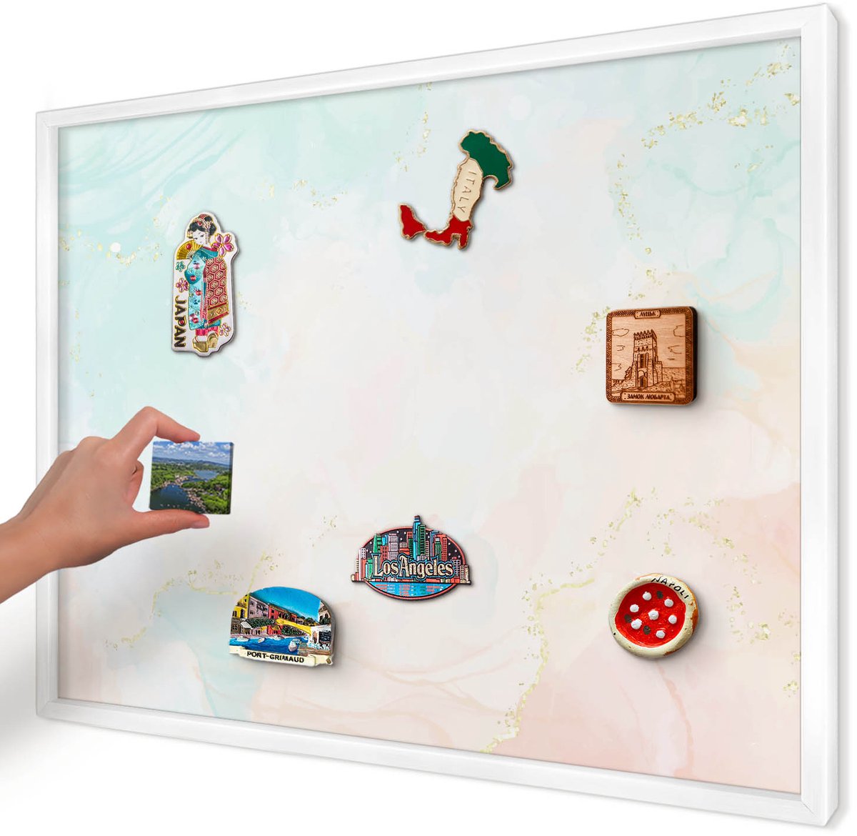 Artprintcave Romig Magneetbord mit Witte Lijst - 70x50 cm - Pastel Elegantie Wandbord Magnetisch - Waterverf Notitiebord - Abstractie