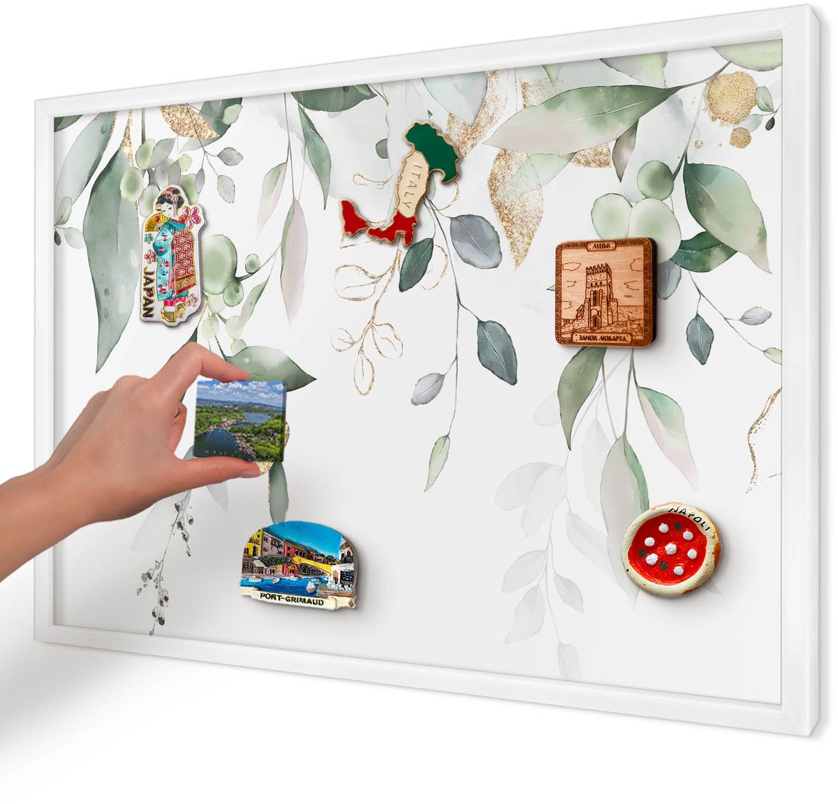Artprintcave Groente Magneetbord mit Witte Lijst - 60x40 cm - Groene Bladeren Bord Voor Magneten - Waterverf Magnetisch Bord Voor Magneten - Bloemen En Planten