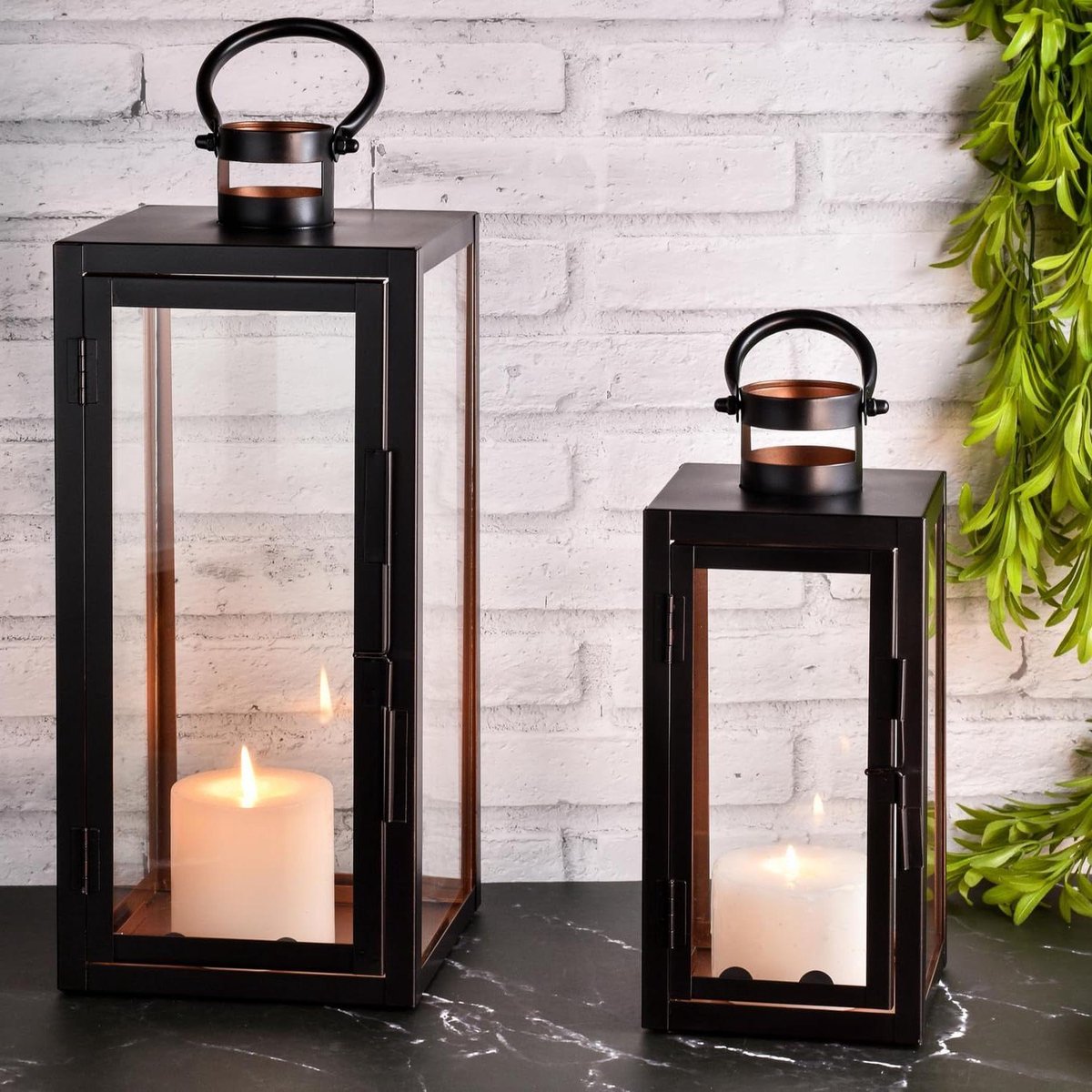 LED Lantaarns - Tuinlantaarn Windlicht - Sfeerverlichting Tuin - Weerbestendig Metaal Glas - 39 cm en 275 cm - Zwart