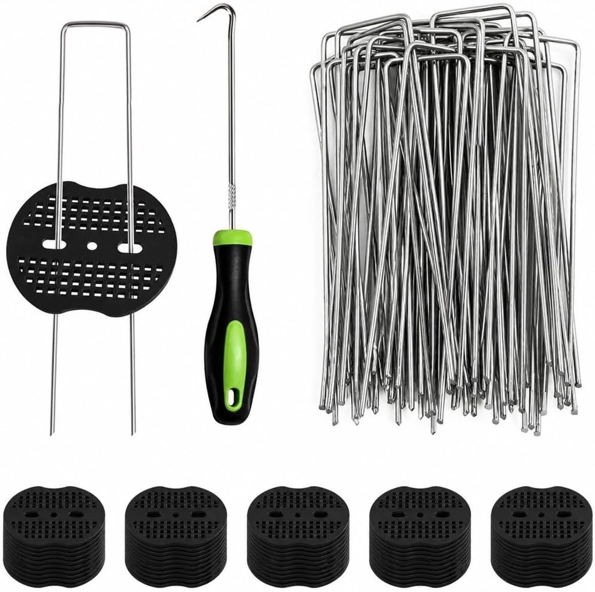 Onkruidvlieshaken voor tuin en camping, 50 stuks grondankers met sluitringen, roestbestendig en verzinkt, U-vormige haringen voor mulch en kunstgras (150 x 40 mm, Ø 2,5 mm)