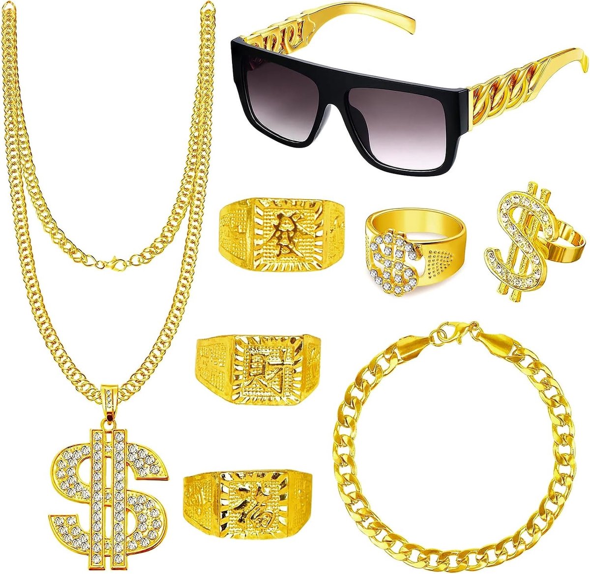 8-delige kostuumset voor mannen, 80s en 90s hiphop outfit met gouden ketting, gangster zonnebril en dollar ketting voor carnaval en themafeesten