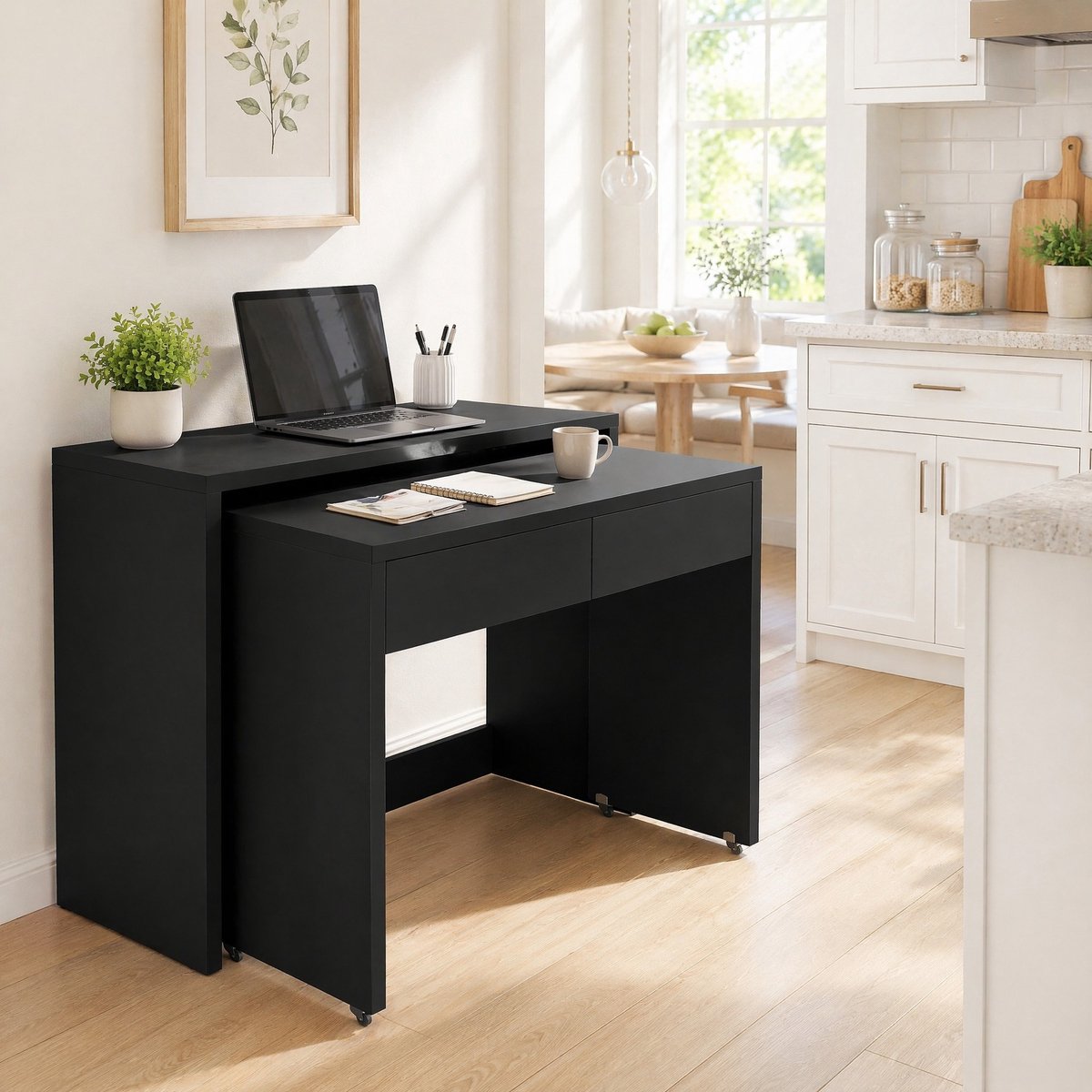 COVREO Bureau 110x40x78 cm zwart, spaanplaat met 2 lades en wielen