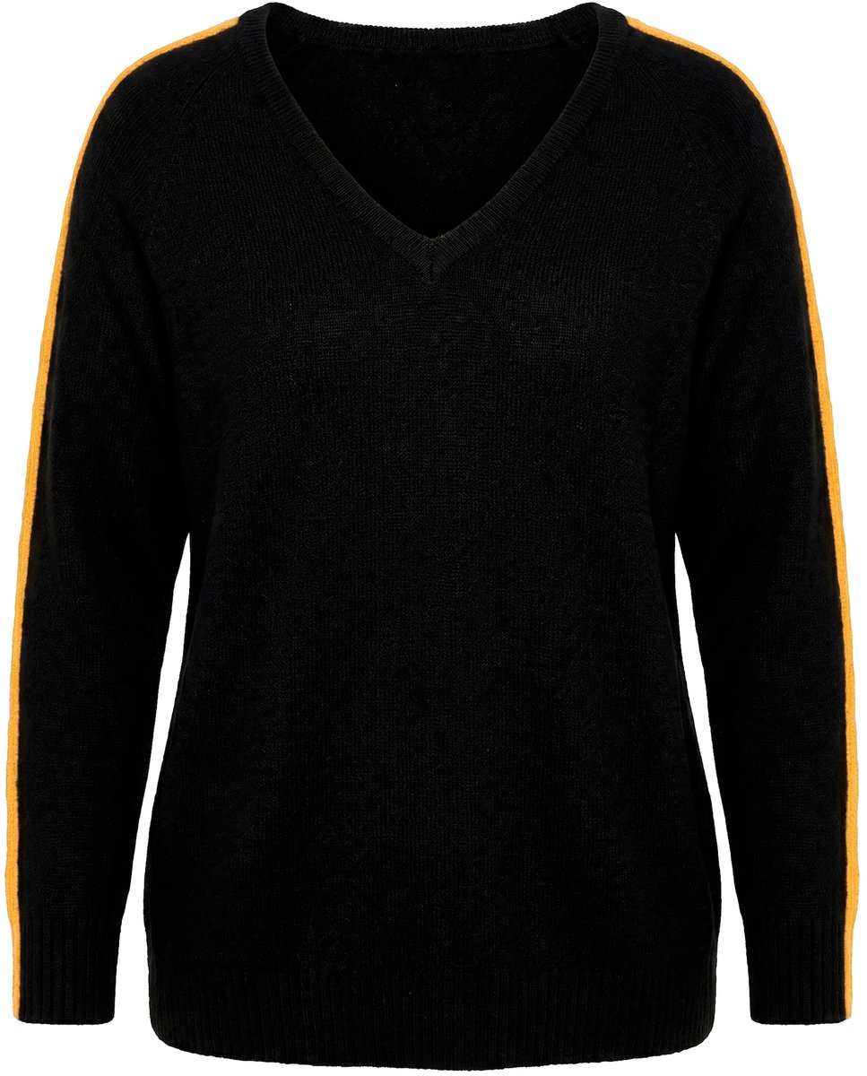 MIAMODA - Dames - Trui comfortabele pasvorm raglanmouwen contrastkleurige bies - Zwart - Maat 42+