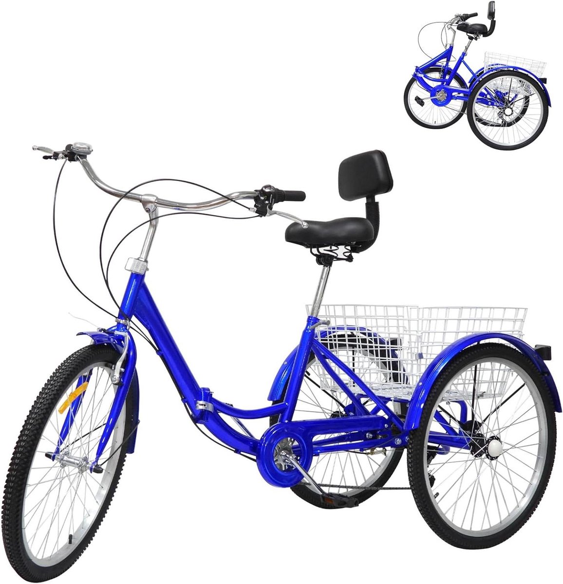Driewieler voor volwassenen - Driewieler fiets - Winkelen en ontspanning - Opvouwbaar frame - 24 inch - Blauw