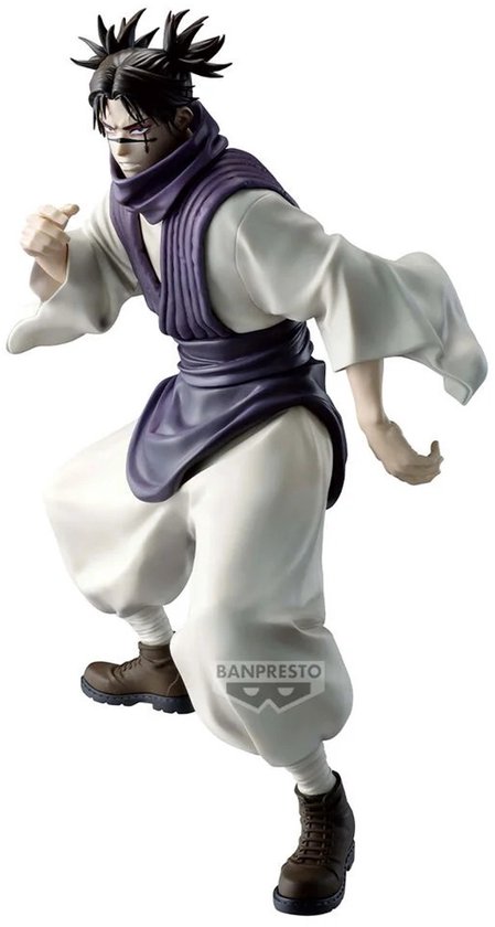 Figurine Banpresto Choso en tenue blanc et violet avec des chaussures marron, pose de course.