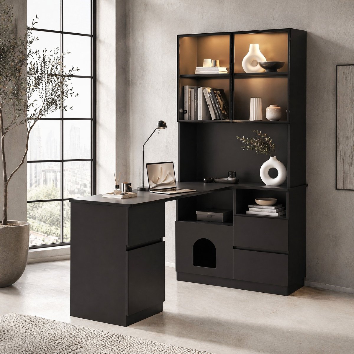 COVREO Hoekbureau 120 x 80 x 180 cm, zwart, van MDF met LED-verlichting
