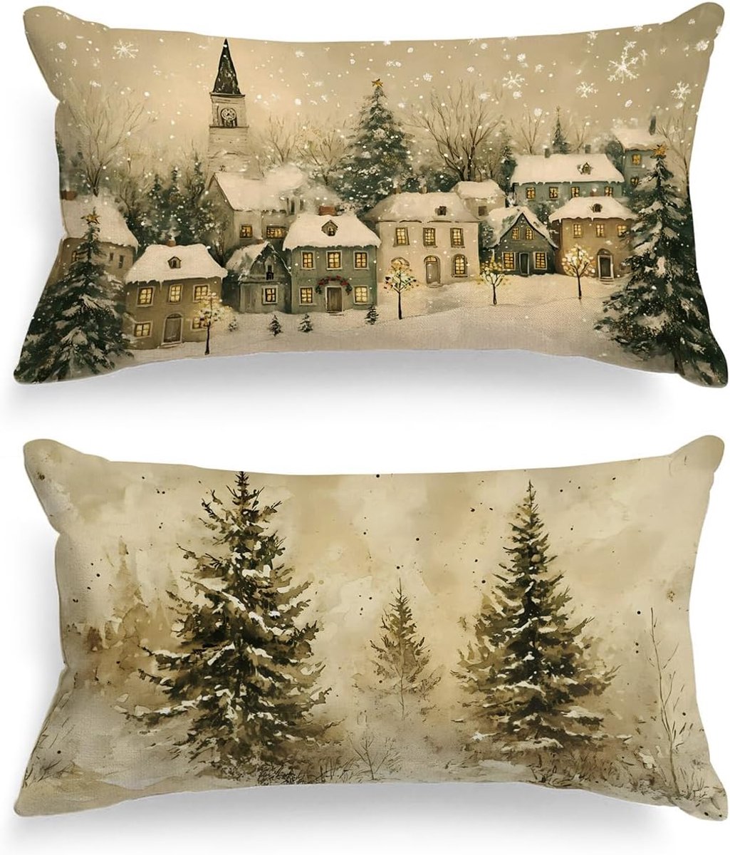 SnelShoppen - 2 x Kerstkussenhoezen 40 x 81 cm - Decoratieve Winterhuis in het Bos Kussenhoezen voor Woonkamer Slaapkamer Bank Bed - 100% Natuurlijke