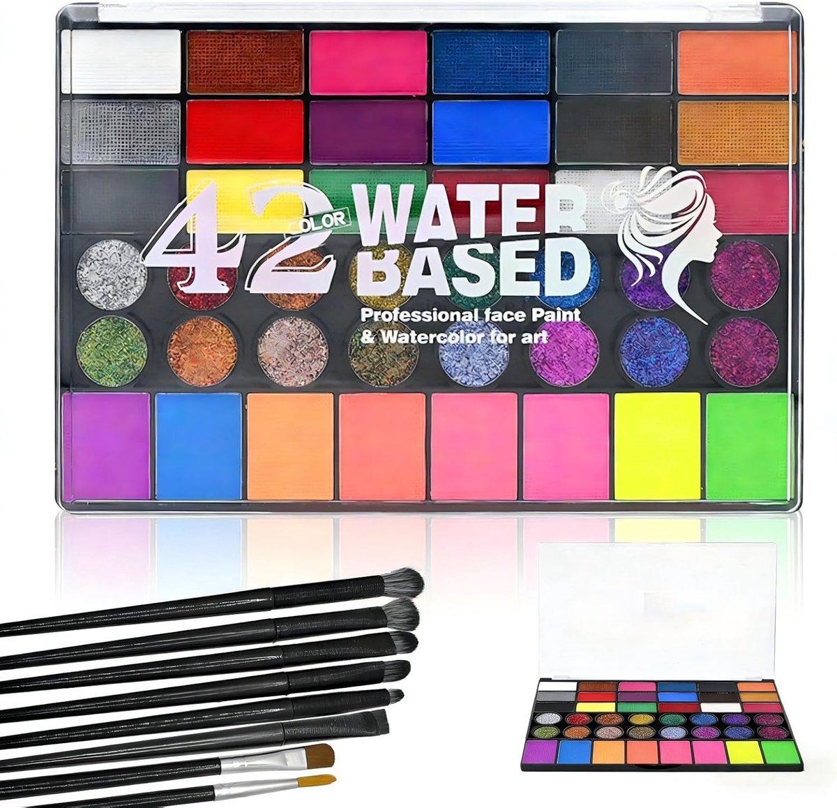 SnelShoppen - Kinderen Make-up Set 42 Kleuren, Kinderschmink Set, Gezichtsverf, Kindermake-up met 8 Kwasten, Niet-Toxisch, Wasbaar, Matte en Glitter,