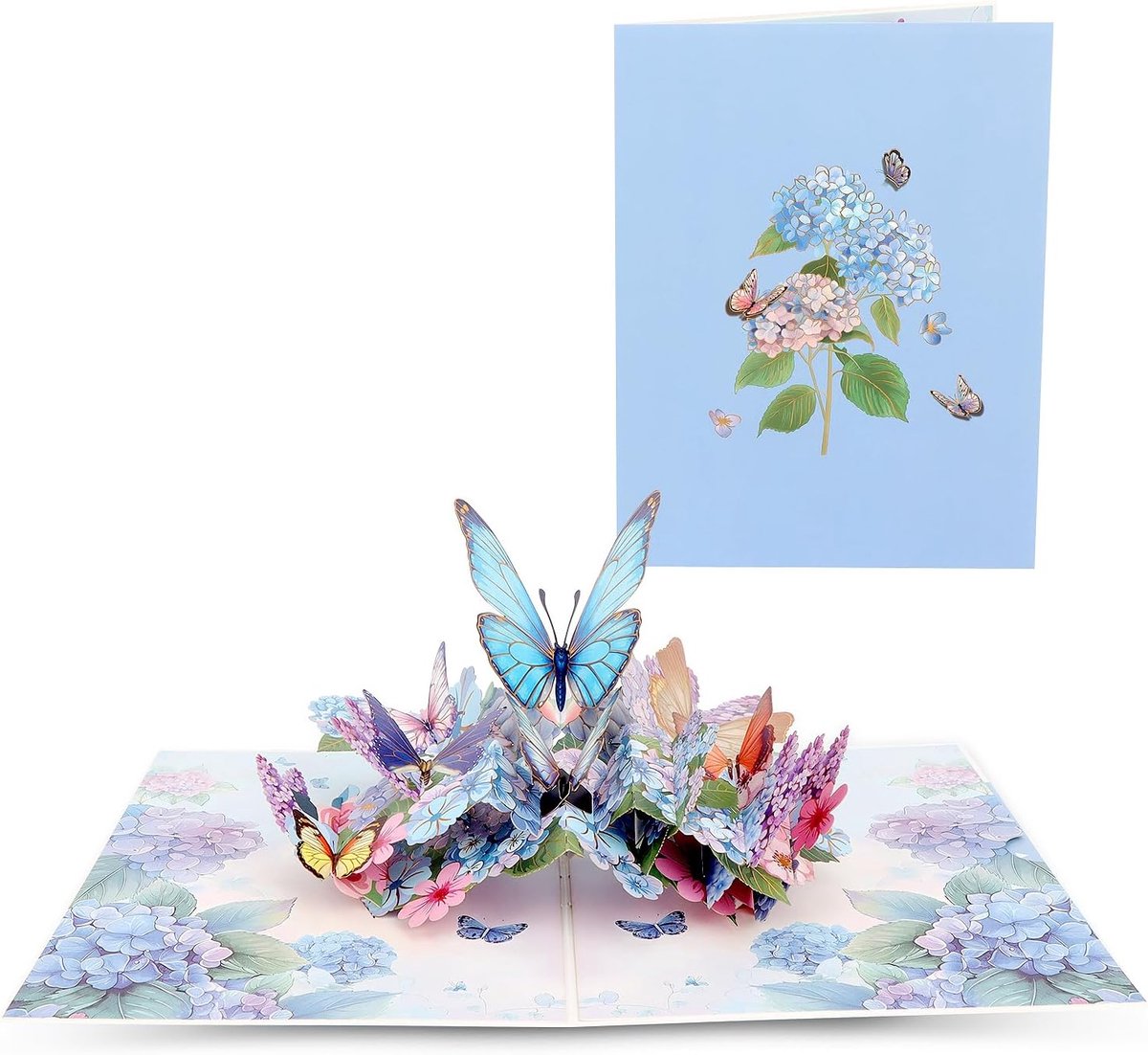 SnelShoppen - Premium 3D Pop-up Kaart met Majestueuze Blauwe Vlinders - Exclusieve Wenskaart met Kunstzinnig 3D Bloemenarrangement en Elegante Vlinder