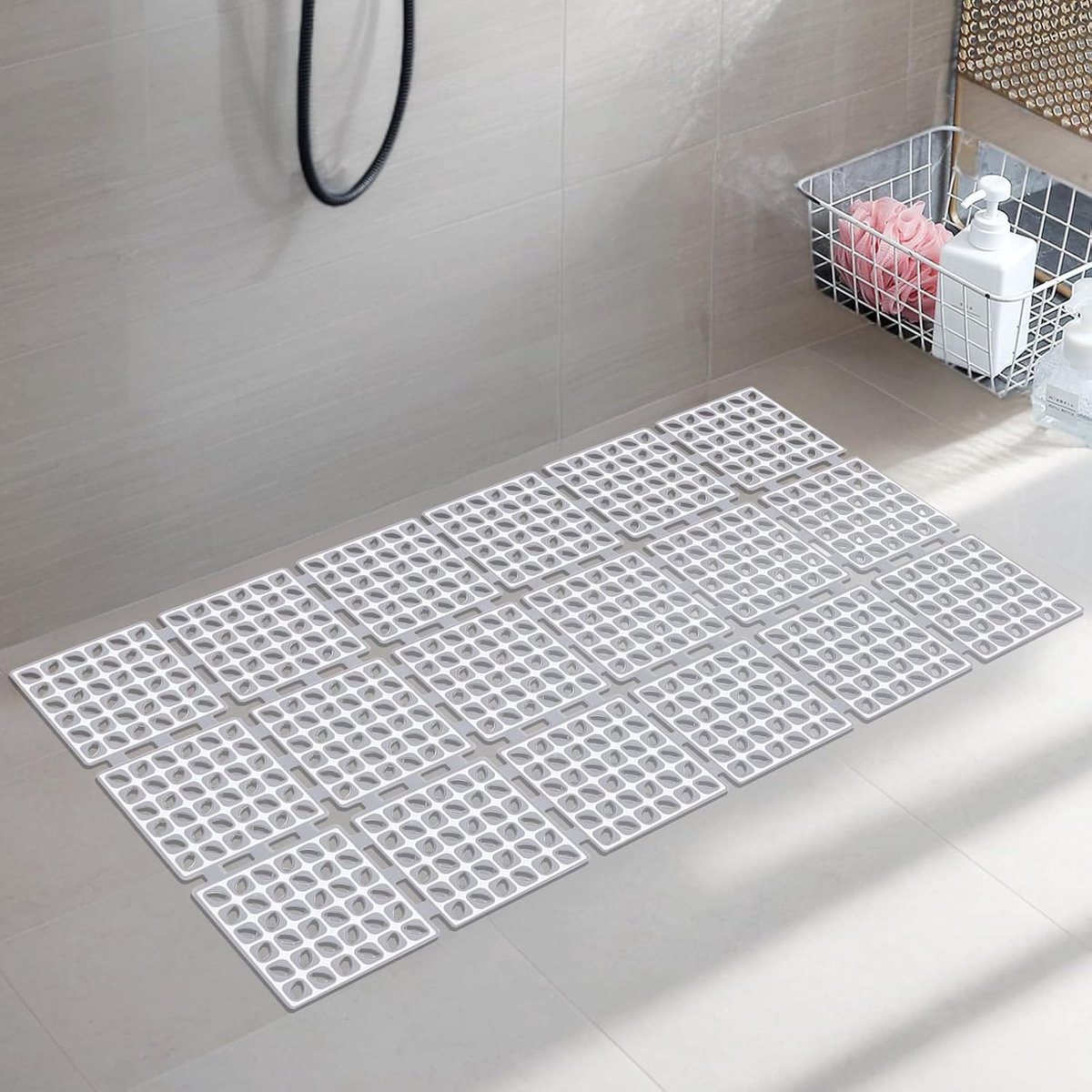 SnelShoppen - Antislip Douchemattenset met Zuignappen en Afvoeropeningen, 40 x 80 cm, Grijs, Ideaal voor Kinderen en Ouderen binnen en buiten