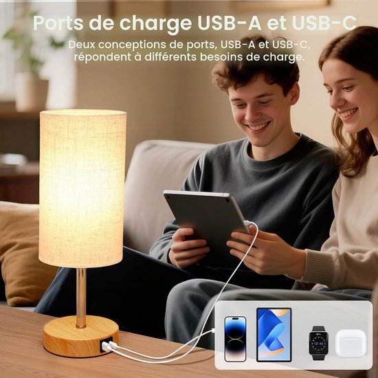 Nachtlampje/tafellamp/aanraakbediening/USB-A/C-oplaadpoort/3 helderheidsniveaus/netsnoer meegeleverd/geschikt voor slaapkamers en woonkamers (met lamp). — afbeelding 4