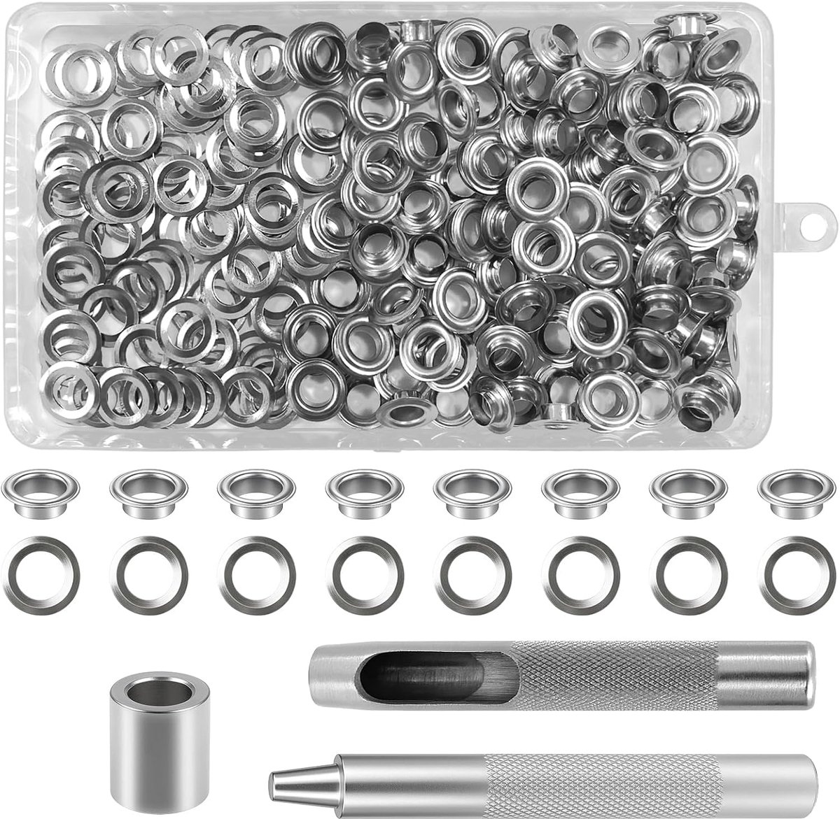SnelShoppen - Toolset voor Ogen, 120 Stuks, 8 mm Ogen, Zilveren Metalen Ogen, Schijven, Oogtangen met 3-delige Toolset, Oogtangen Set voor Doe-Het-Zel