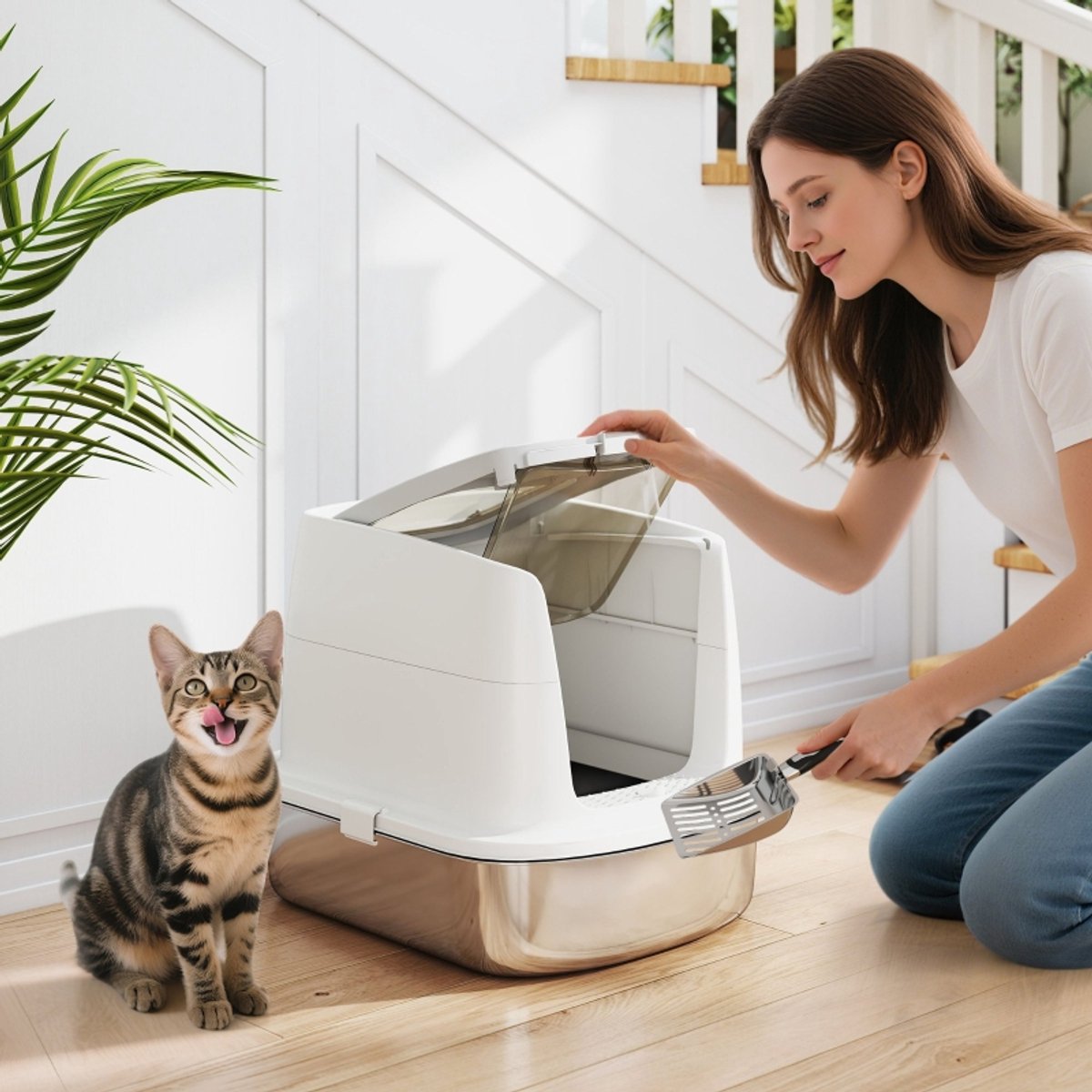 DESMIU Kattenbak – Gesloten Ontwerp Met Vooringang En Bovenuitgang – 52,4 x 41,3 x 39,8 cm – RVS – Wit – Met Schep En Geurzak