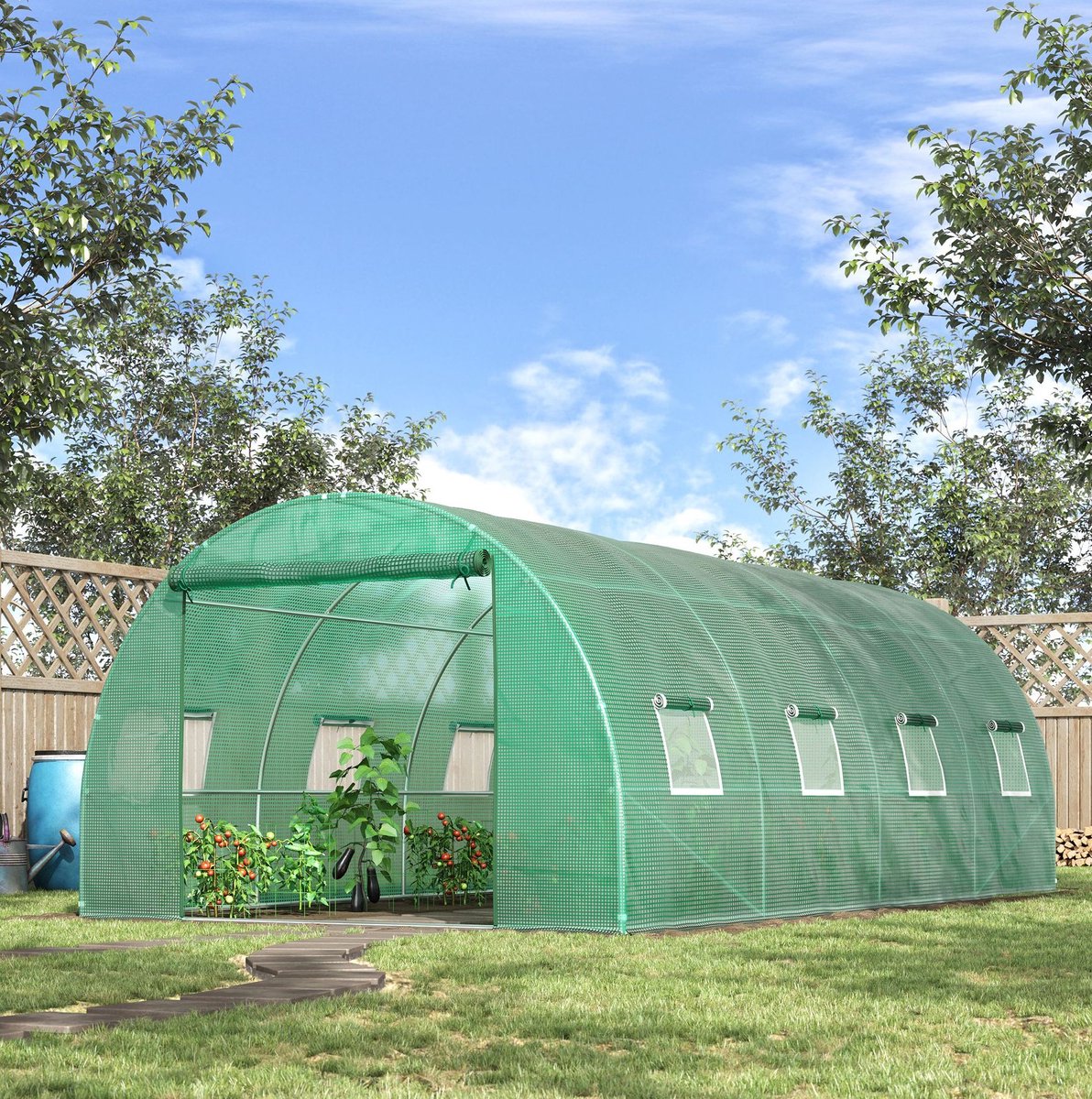 COVREO Tunnelkas 590 x 300 x 200 cm groen, staal met 8 ramen en rolluik
