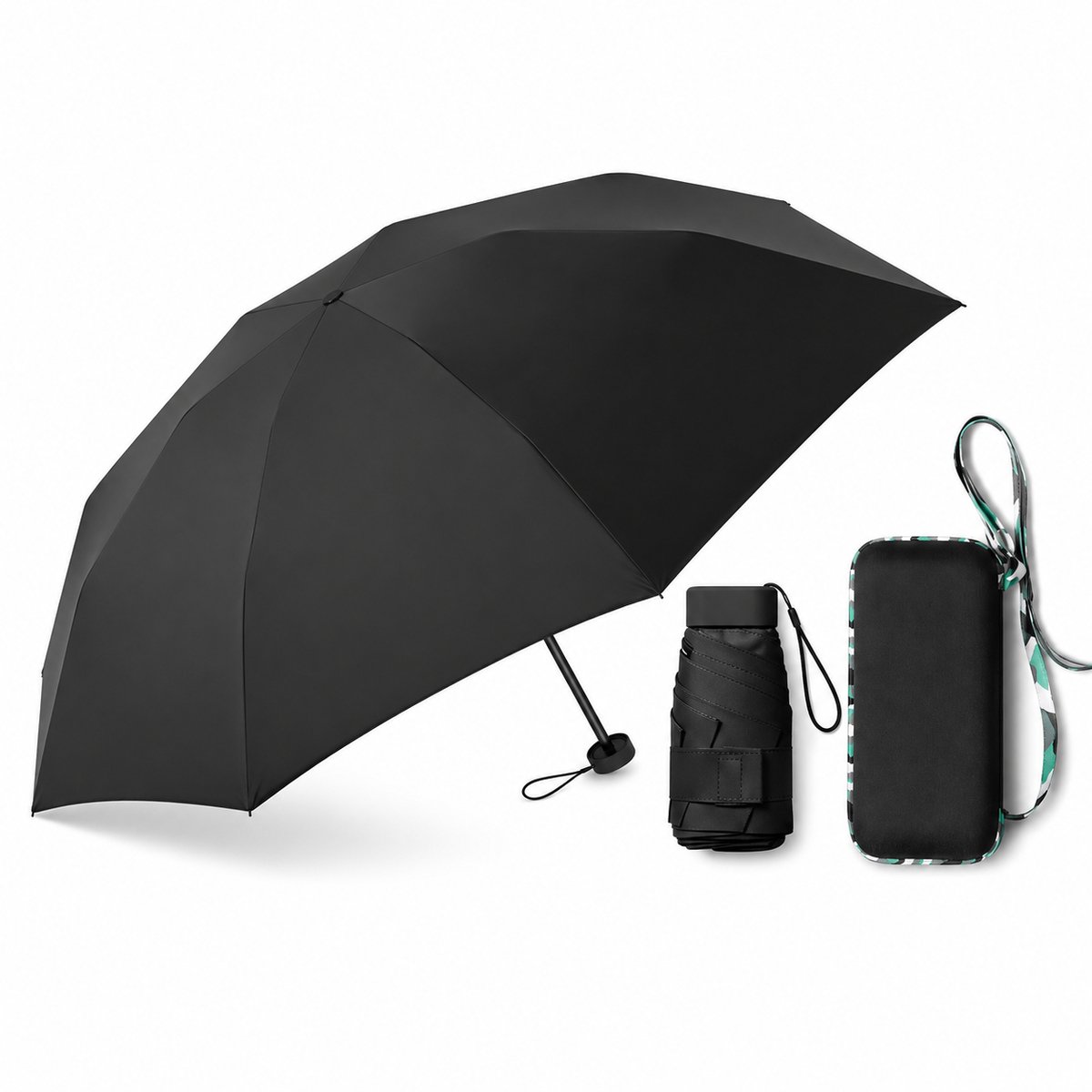 Paraplu - Mini Opvouwbare Reisparaplu met Leren Etui - Ultra-Lichtgewicht en UV-Bescherming voor Handtas en Jaszak - Zwart