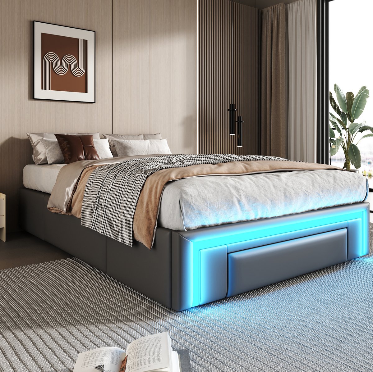 COVREO Bed 90x200 cm grijs, kunstleer en metaal met lades en LED