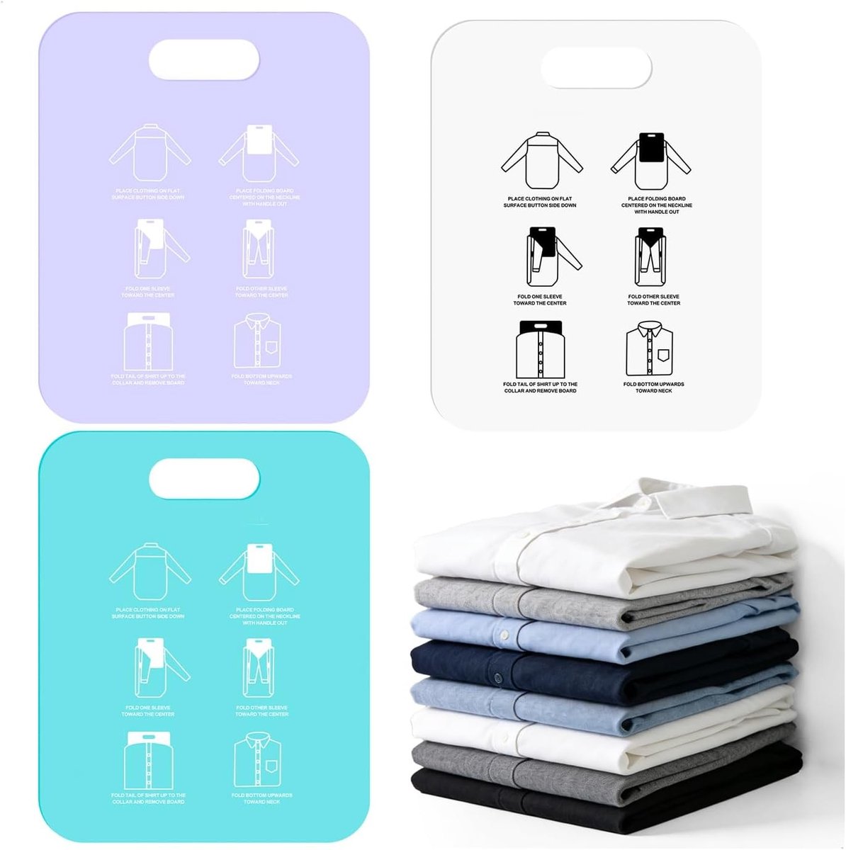 Set van 3 Vouwbare T-Shirt Organizers voor Kleding, Ideaal voor Opberging, Ruimtebesparend en Duurzaam, 12 x 9,8 inch (Wit, Cyan, Paars)