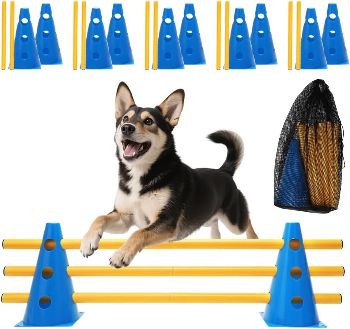Agility Set voor Honden en Paarden - Trainingsaccessoires met 5 Stangen en 10 Hoedjes, Ideaal voor Hondensport en Voetbaltraining