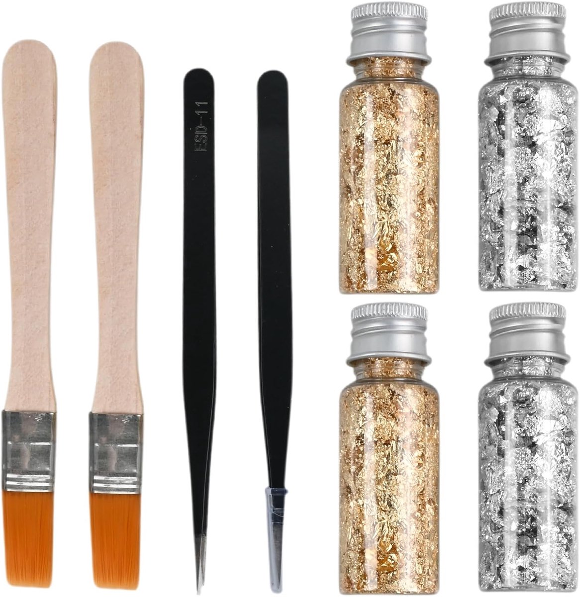 Set van 4 flessen met gouden en zilveren bladeren, met pincet en penselen, metalen vlokken, niet eetbaar, voor handwerk, kunsthars, nail art en knutselen