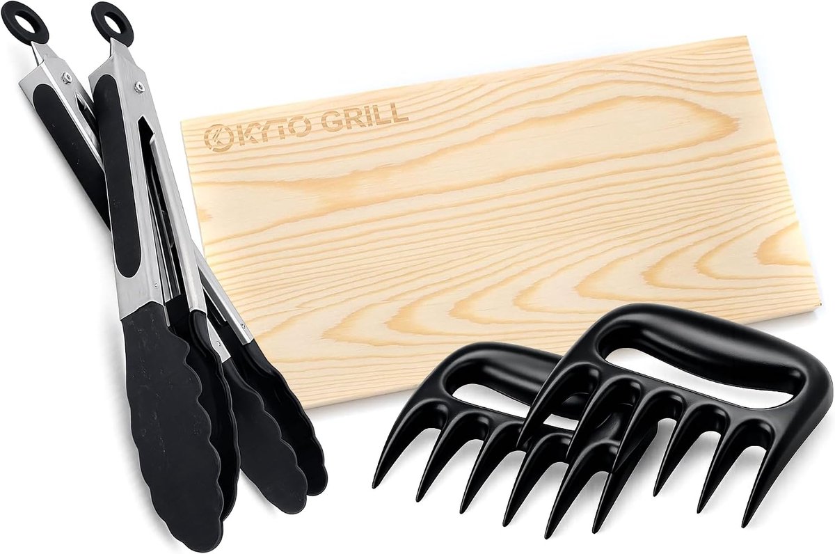 BBQ grill accessoires set 3-delig - Pulled pork klauwen, roestvrijstalen grilltangen & cederhouten rookplank - SnelShoppen
