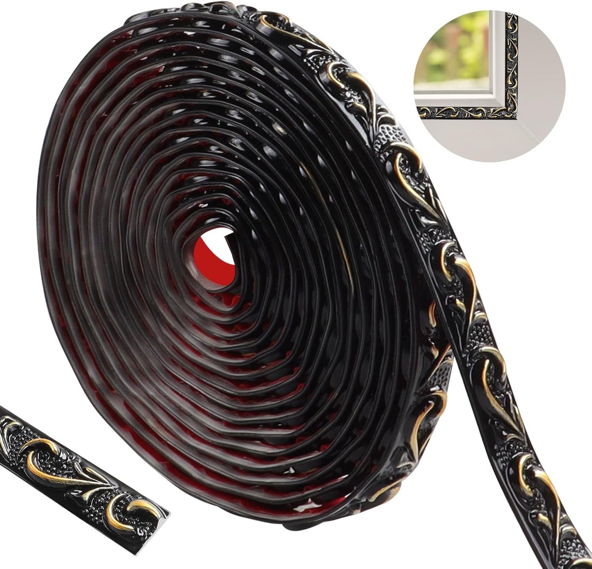 599 cm Afpelbare en Zelfklevende Muurmatrijs Vintage Patroon, Flexibele Zelfklevende Muurmatrijs voor Muren, Afpelbare Muurmatrijs voor Spiegellijst/Huisinrichting/Muurrand (Zwart met Goud-B